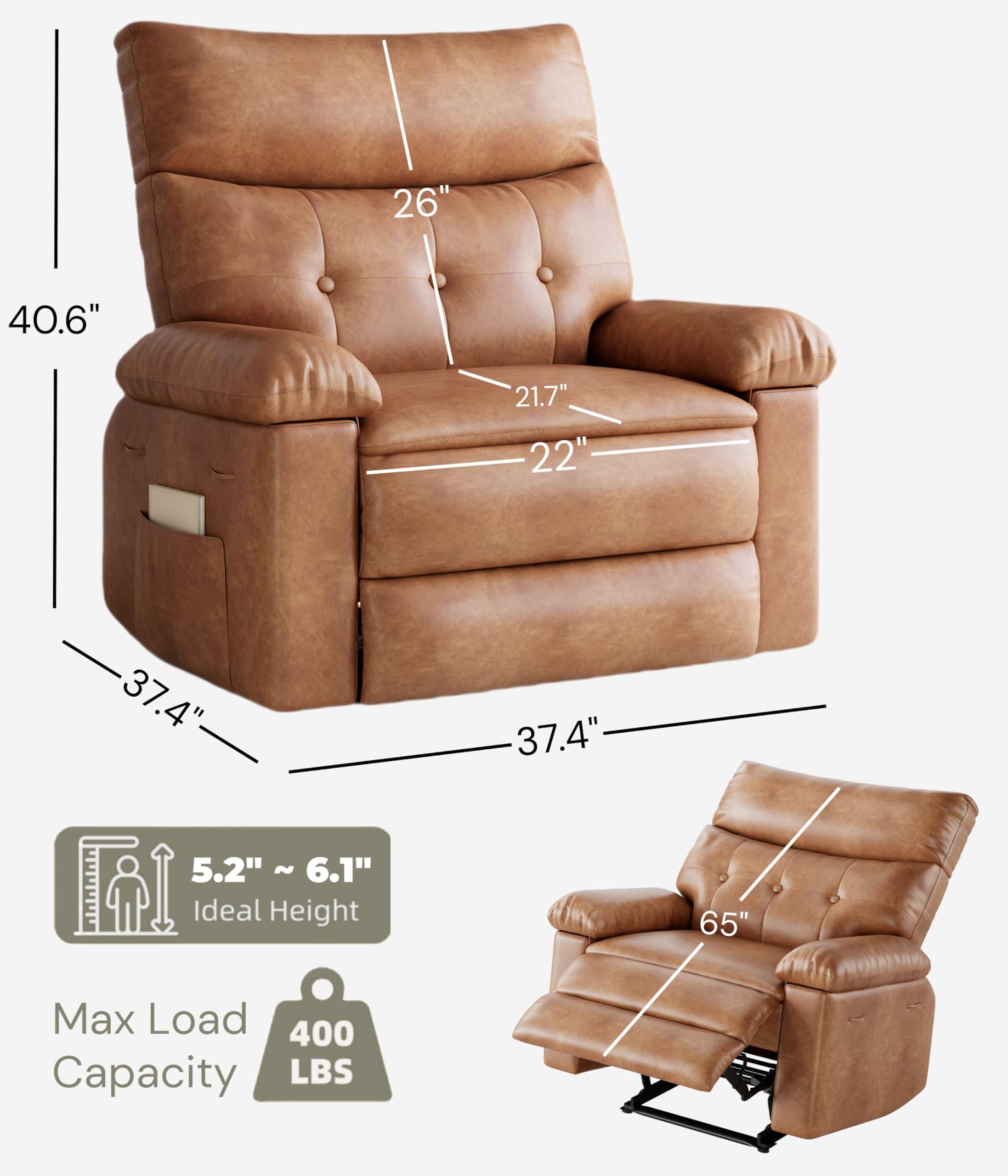 GarveeHome Recliner Chair - PU Leather Manual Recliner for Adults, Lazy Chair with 1.5X Sponge Comfort Arm and Back for Living Room, Bedroom