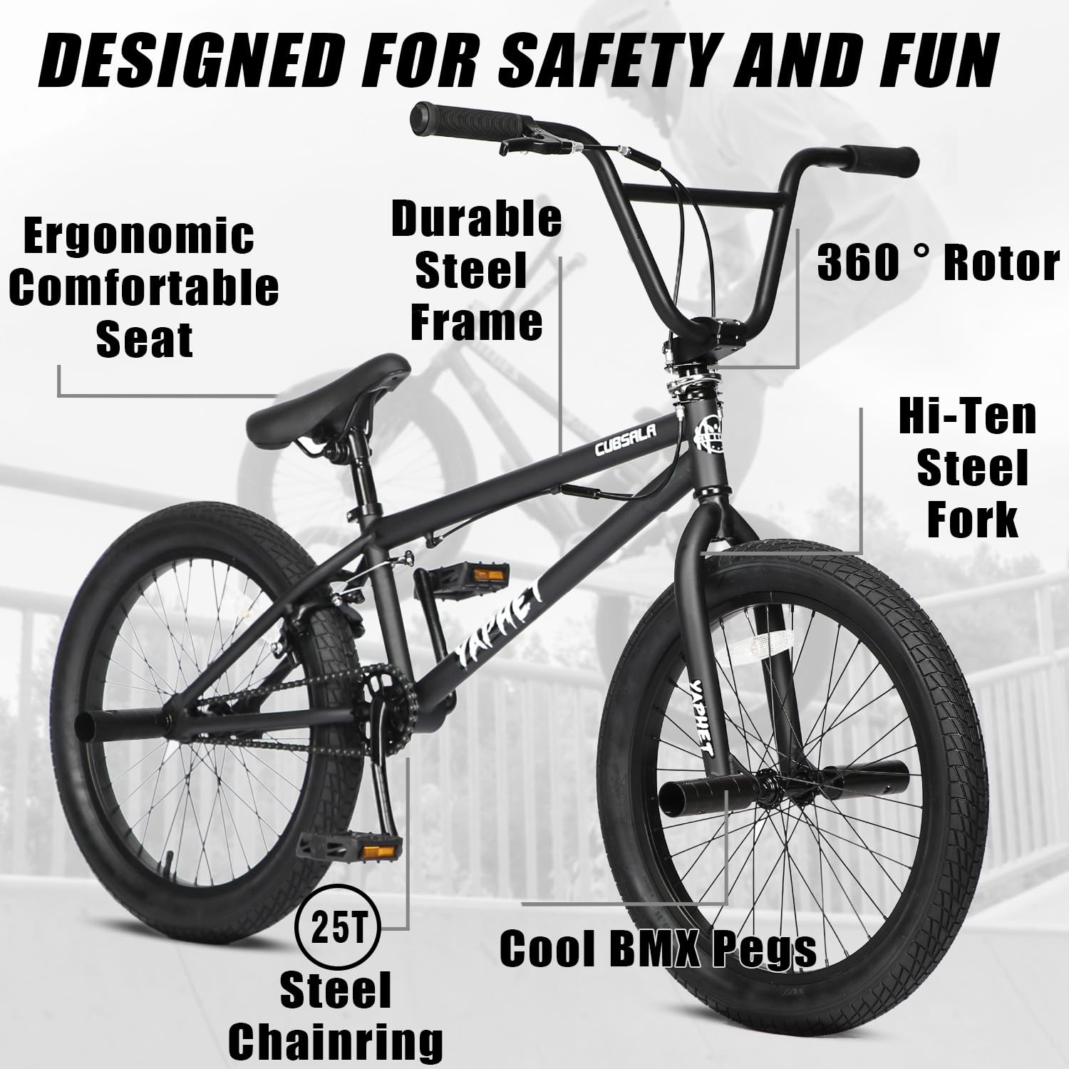 cubsala Freestyle BMX Bike, 20 Inch Yaphet Bicycle for Teen Youth Beginner Adult Riders, Bike with 360° Rotating Handlebar and 4 pegs, Color Black