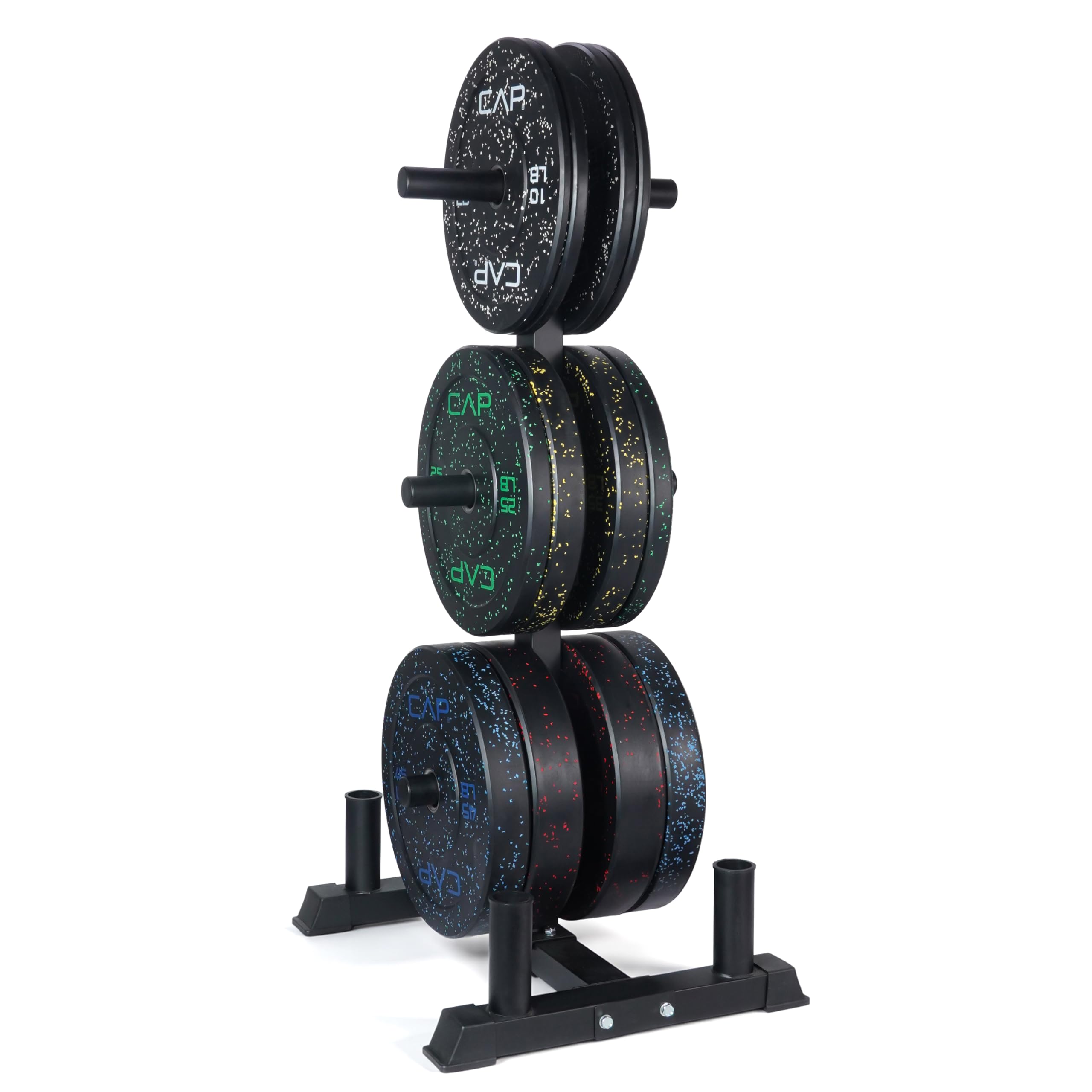 CAP Barbell 370 lb Economy - Speckled Olympic Plate Set with Traditional Plate Rack & Barbell Storage | 6 Weight Posts + 4 Barbell Holders