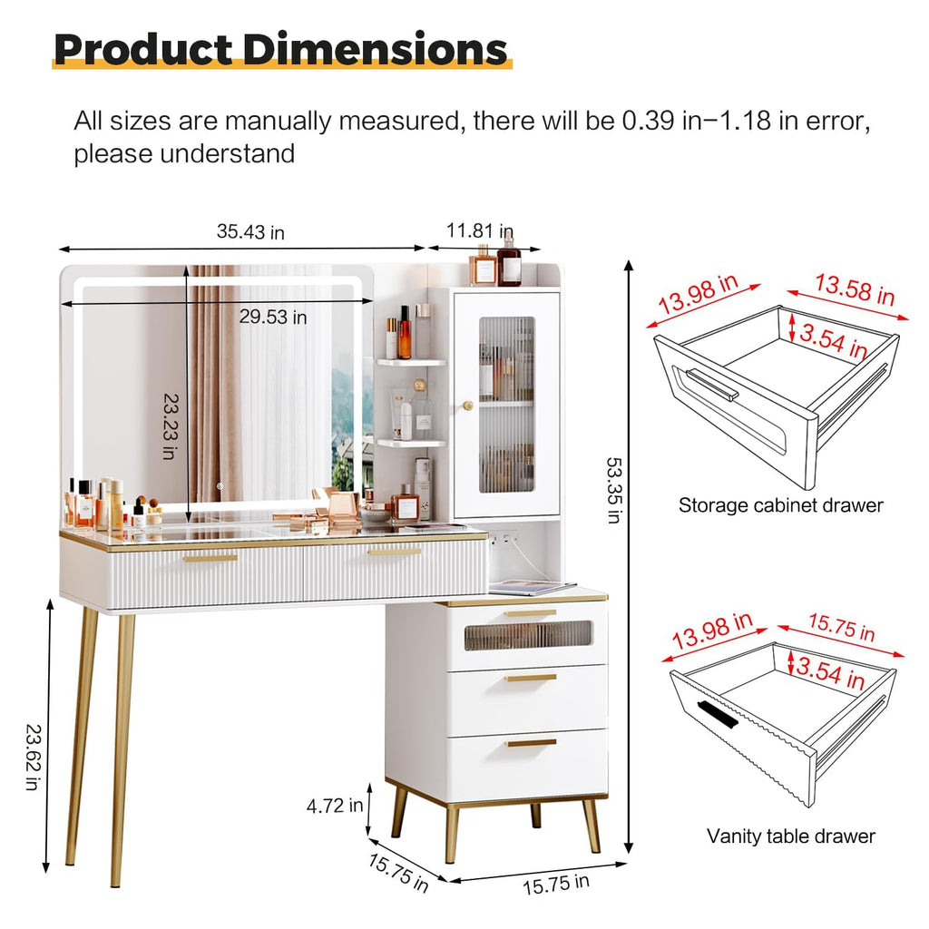 Arulvmrn Vanity Desk with 29.53" HD Lighted Mirror, 47.24" Big Modern Vanity Desk with Mirror and Lights, Makeup Vanity with 5 Drawers and Storage Shelves and Charging Station, White