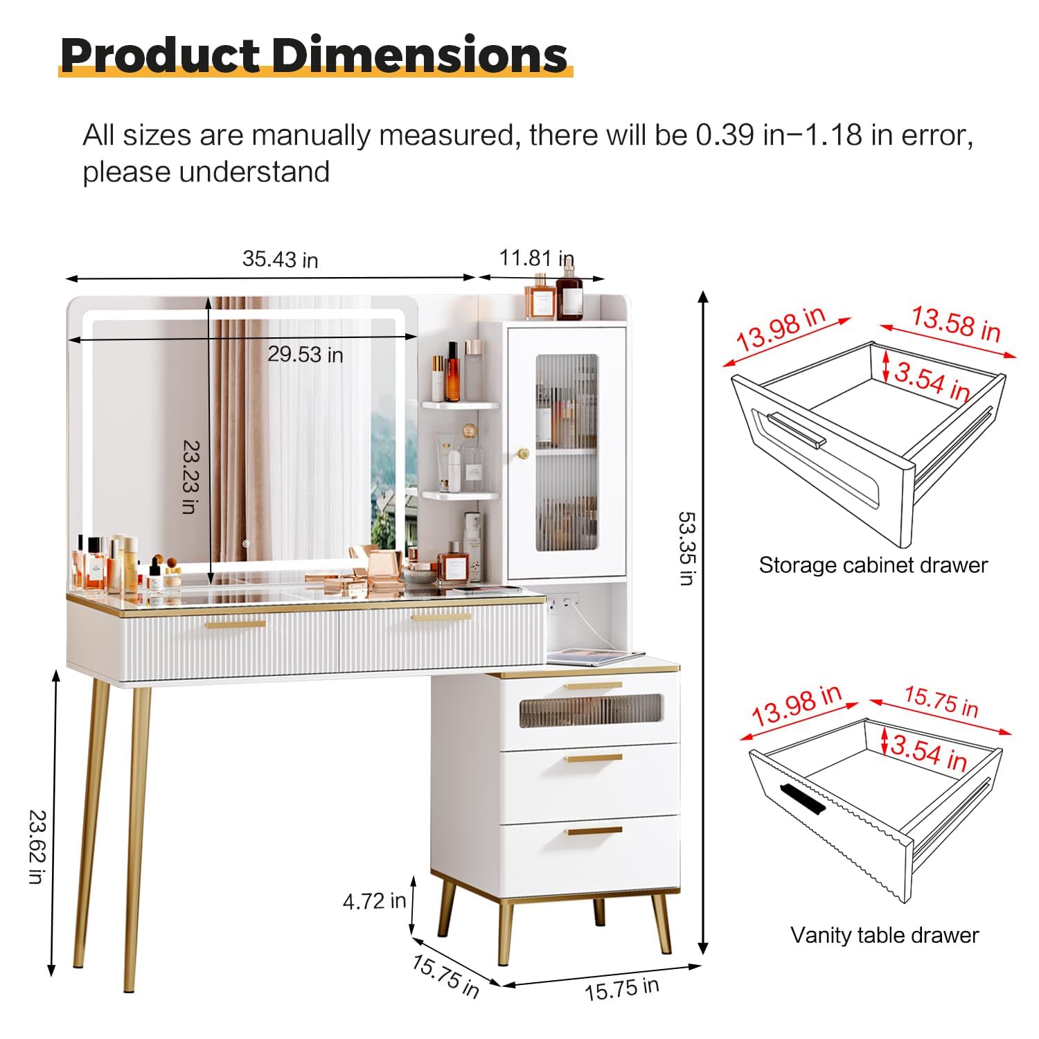 Arulvmrn Vanity Desk with 29.53" HD Lighted Mirror, 47.24" Big Modern Vanity Desk with Mirror and Lights, Makeup Vanity with 5 Drawers and Storage Shelves and Charging Station, White