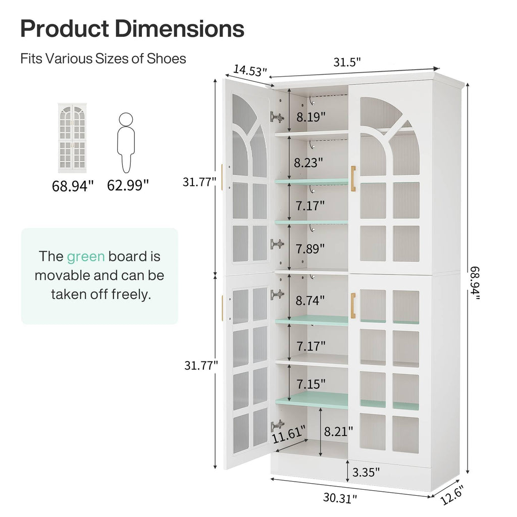 Tribesigns 8-Tier Bookshelf with Doors and LED Lights, 68.9" Tall Bookcase with Adjustable Shelves, Modern Wooden Display Cabinet for Living Room, Home Office, Bedroom, White (1PC)