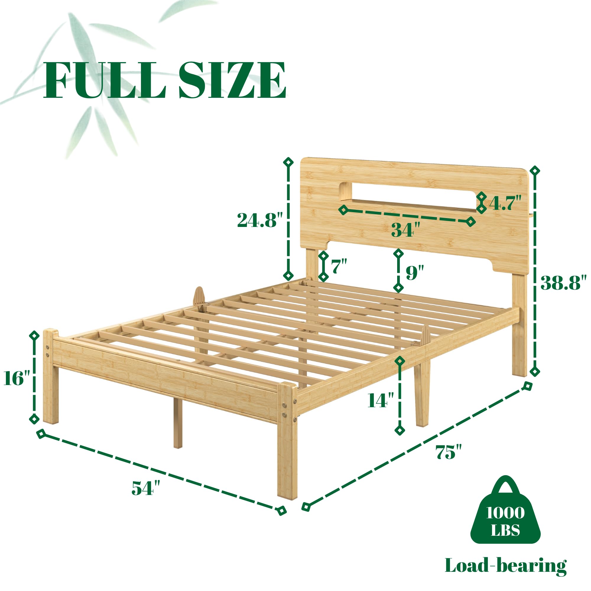 Askeld Wood Full Bed Frame with Storage Shelf Headboard, 14 Inch High Bamboo Platform Bed No Box Spring Needed, Mid-Century Heavy Duty Bedframe, Easy Assembly, Noise Free