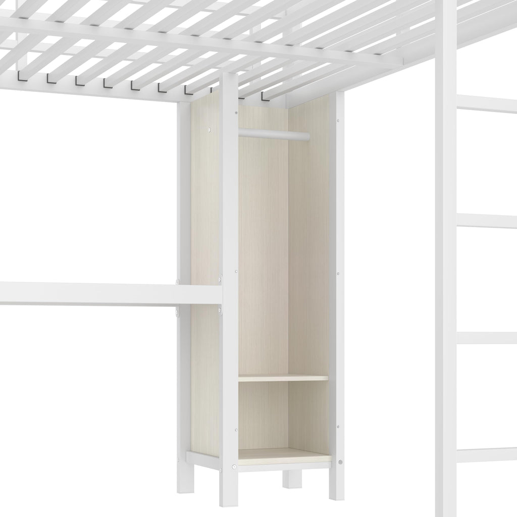 Bellemave Queen Loft Bed with Desk & Wardrobe, Heavy Duty Metal Loft Beds with Storage Shelves, Space Saving Loft Bed Queen Size with Safety Guard, White Wood Grain