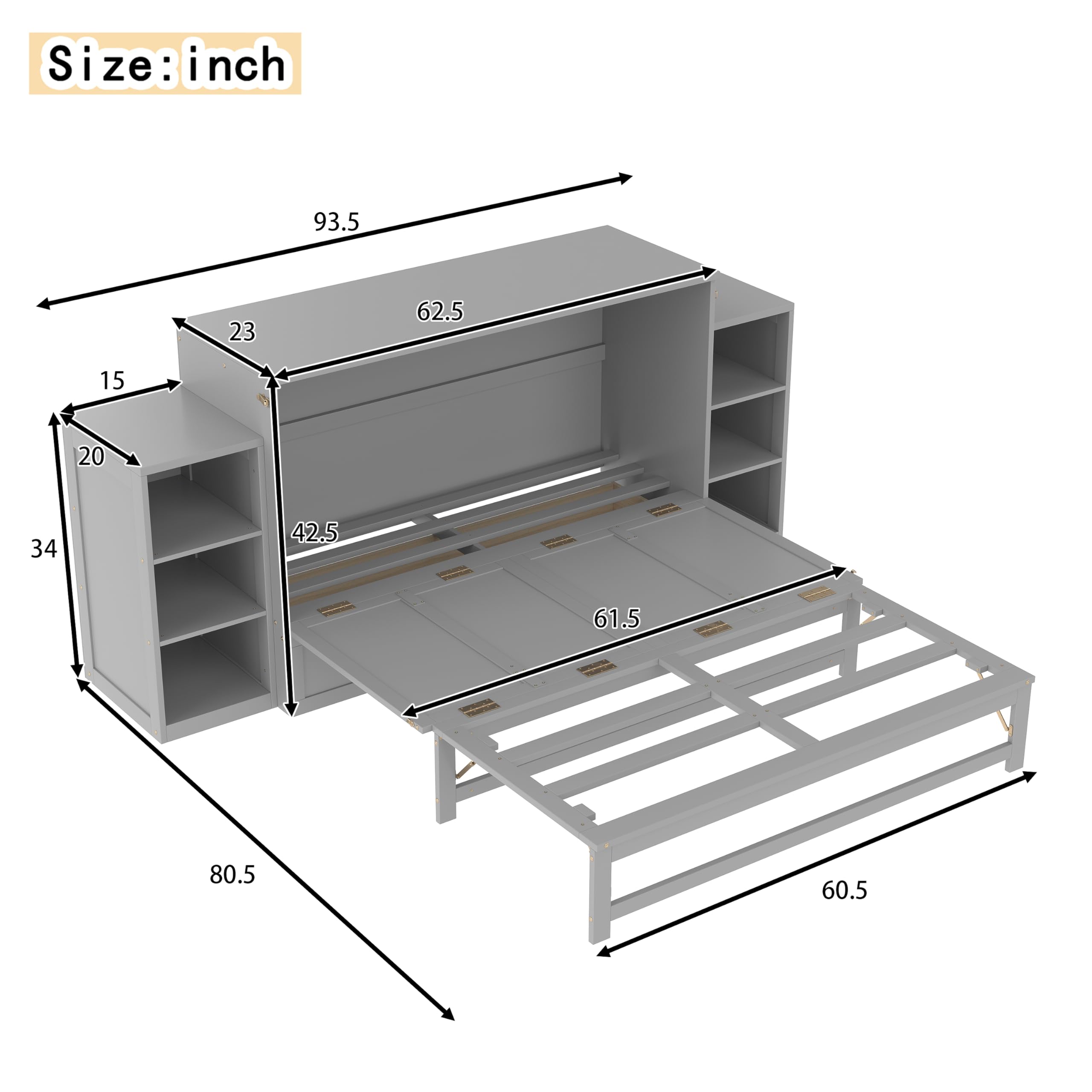 Bellemave Queen Size Murphy Bed, Cabinet Bed with 2 Shelves and Storage Drawers, Farmhouse Murphy Cabinet, Noisy Free, for Guest Bedroom, Living Room, Office, Light Gray