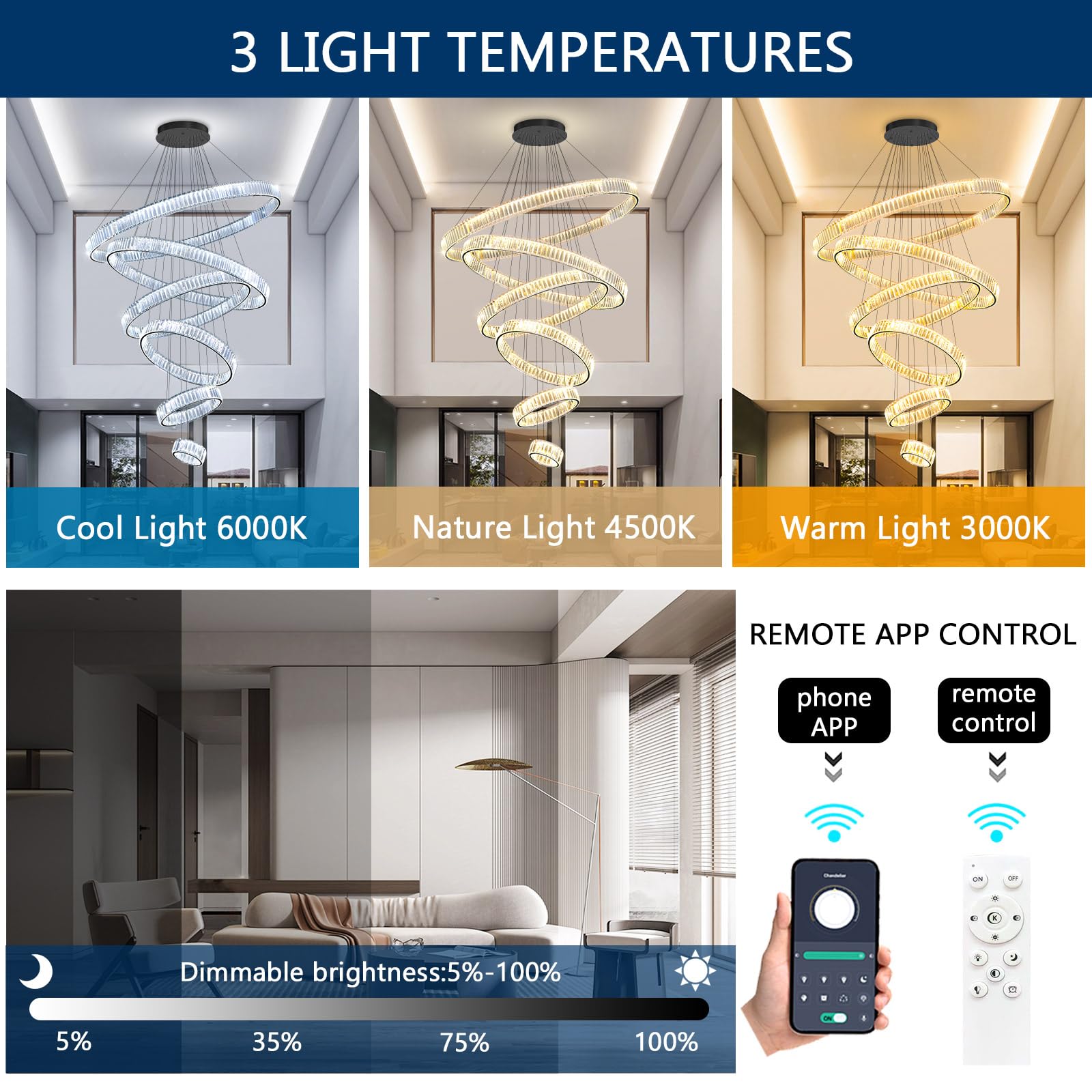 dolria Large Ring Chandelier Modern Crystal Chandeliers for High Ceiling Round LED Dimmable Ceiling Light Fixture for Foyer Long Stair Black 8''+16''+24''+32''+40''+47''
