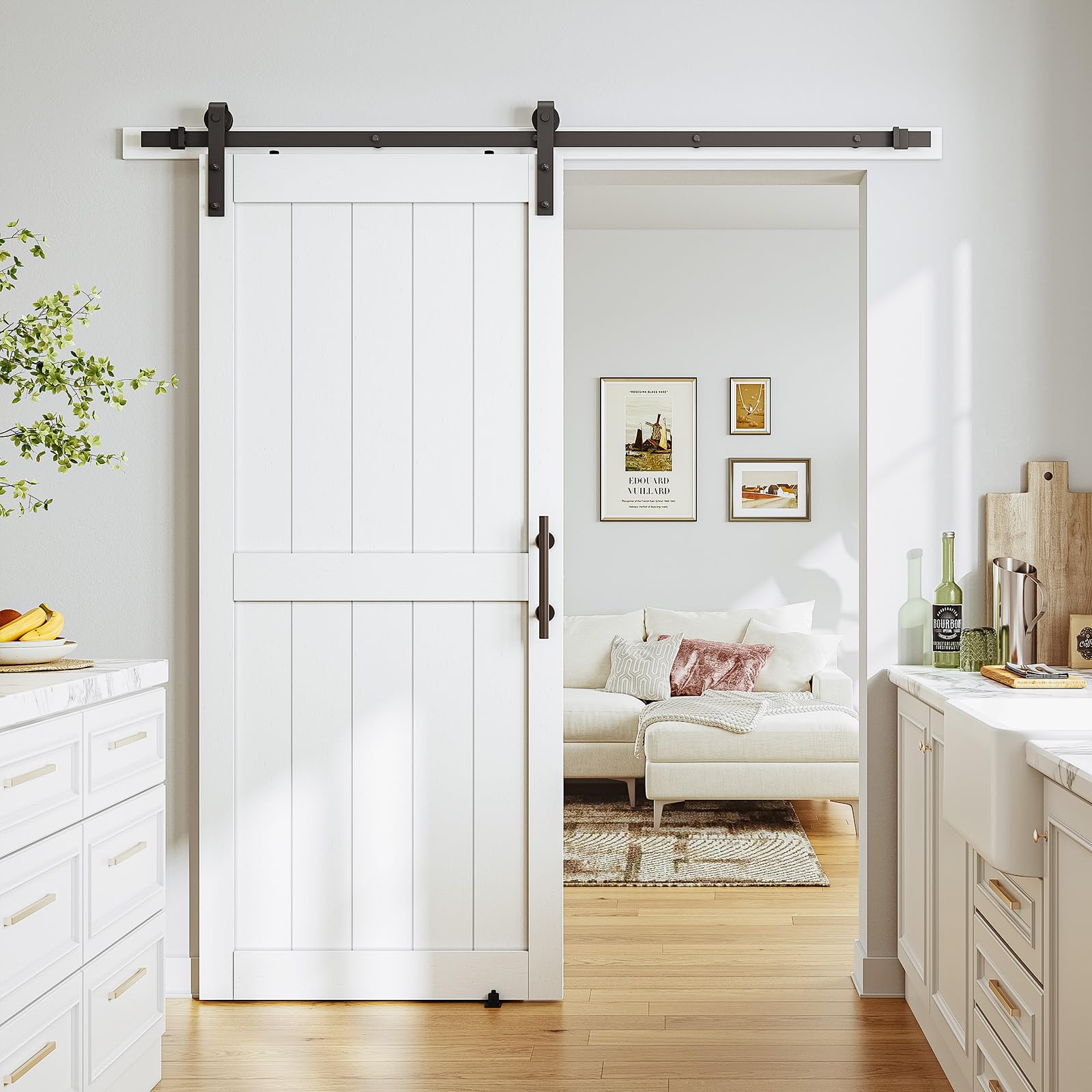 SmartStandard 38 x 84 inch White Sliding MDF Barn Door with 6.6FT Black Sliding Door Hardware Kit & Handle, Pre-Drilled Ready to Assemble, Waterproof PVC Coating, H-Frame