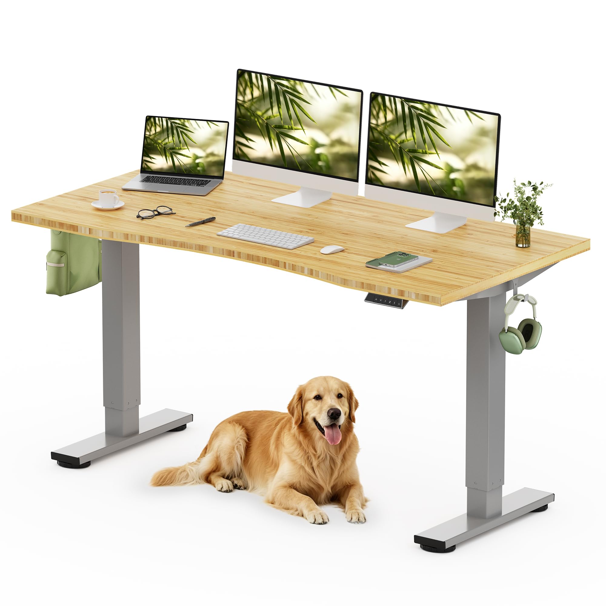 FLEXISPOT Solid Wood Standing Desk, One-Piece Real Wood Desktop, Electric Height Adjustable Desk for Home Office, 176 LBS Capacity (60"x30" Curved Bamboo, Silver Frame)