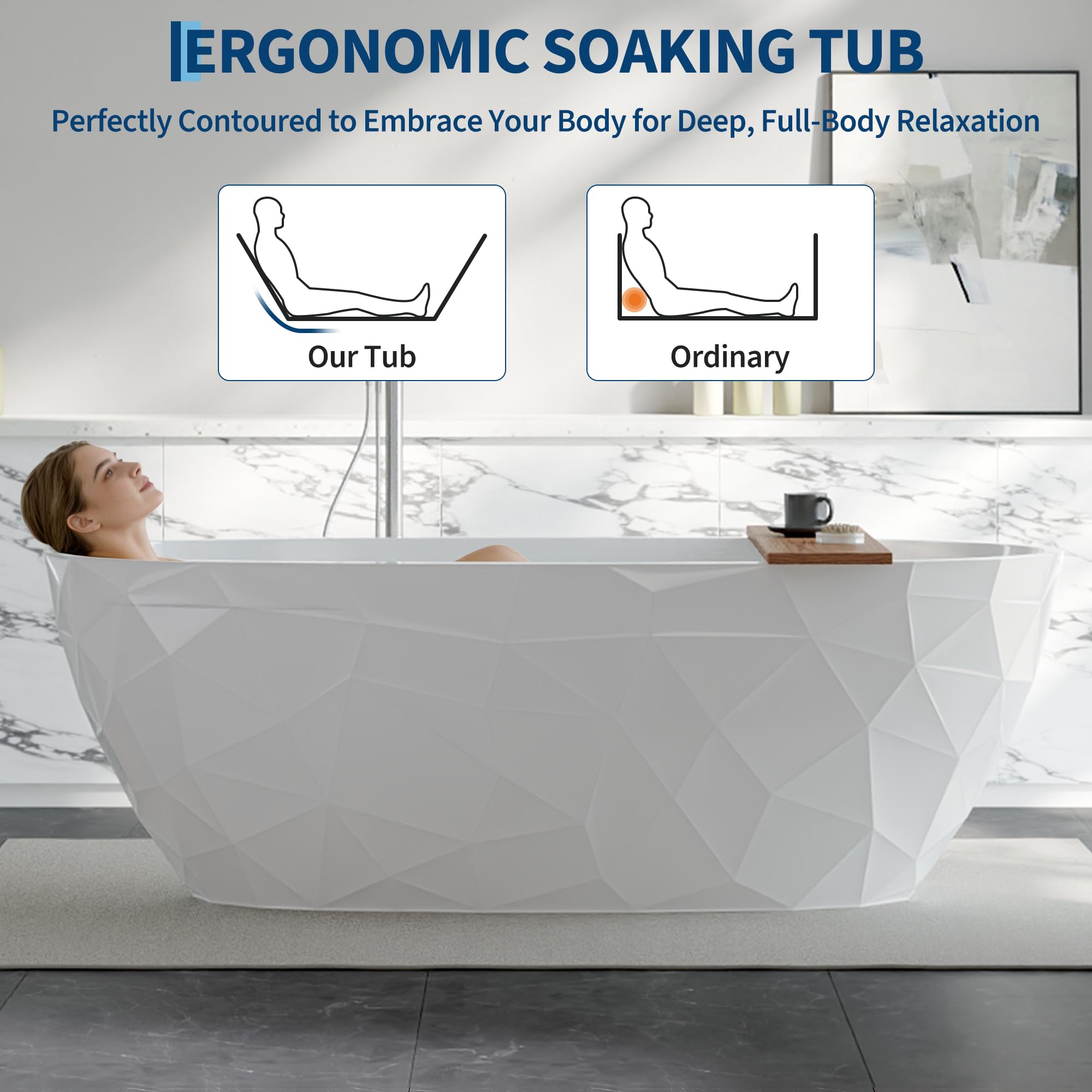 Freestanding Bathtub 59", Diamond Shape Acrylic Tub with Chrome Overflow & Pop-Up Drain, Modern White Soaking Tub for Bathroom