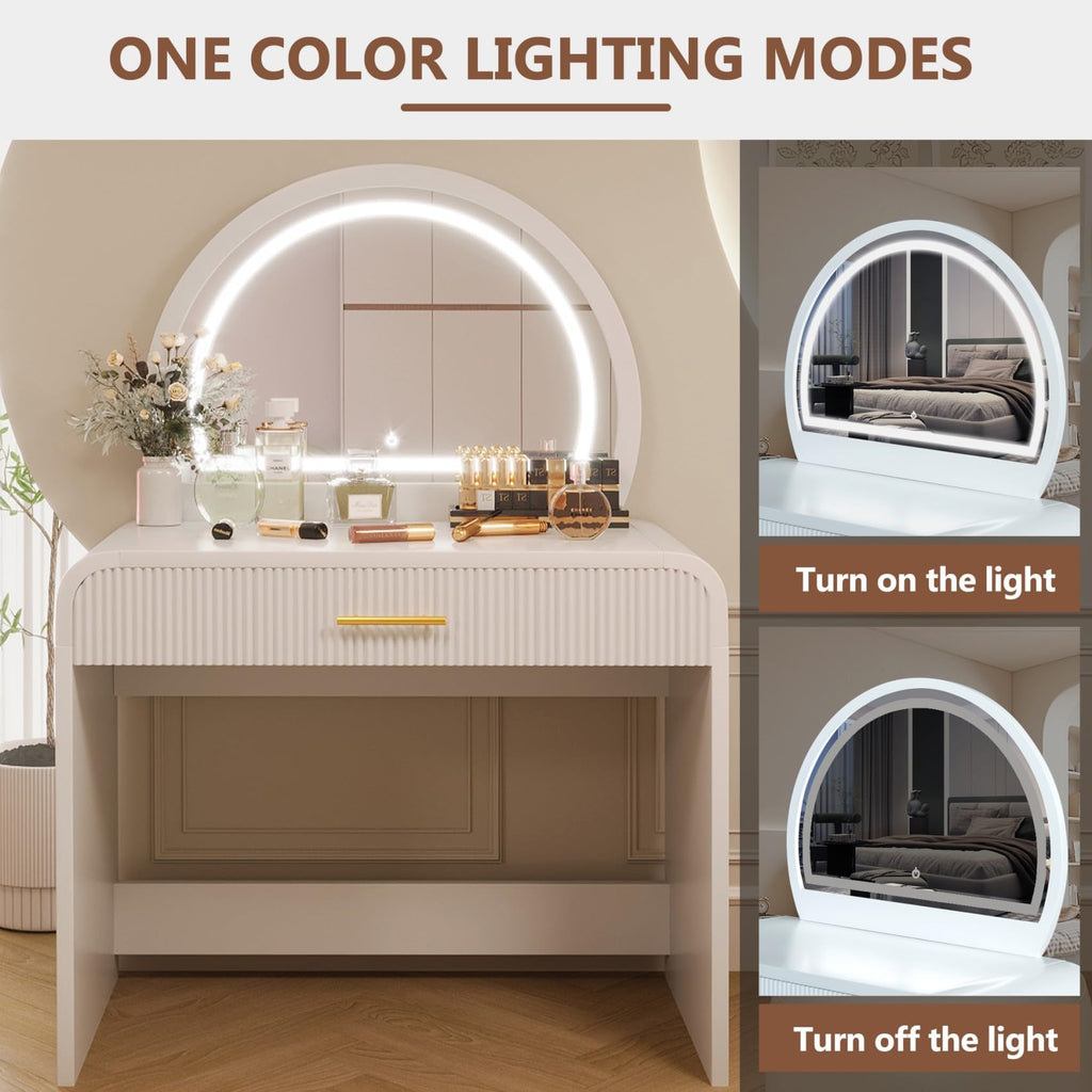 Merax 39" Make Up Vanity Desk with Touch Screen Lighted Mirror and Storage Drawer, Rubber Wood Girls Makeup Dresser Table for Bedroom, Dressing Room