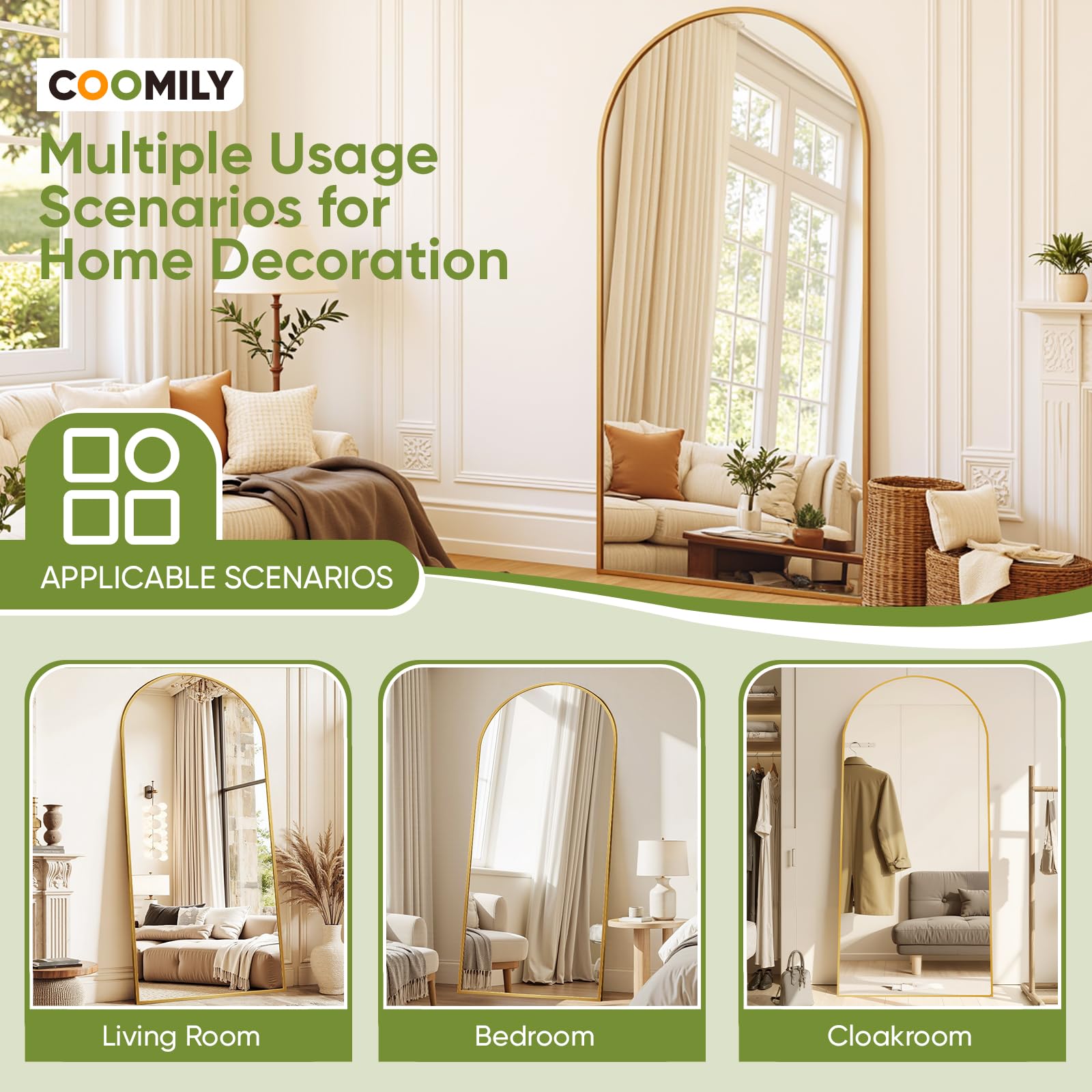 Coomily Full-Length Floor Mirror with Stand, 82"x44" Arched Style Full Body Standing Mirror for Bedroom, Living Room, Gym, Dorm - Shatter-Resistant & Easy Assembly, Gold