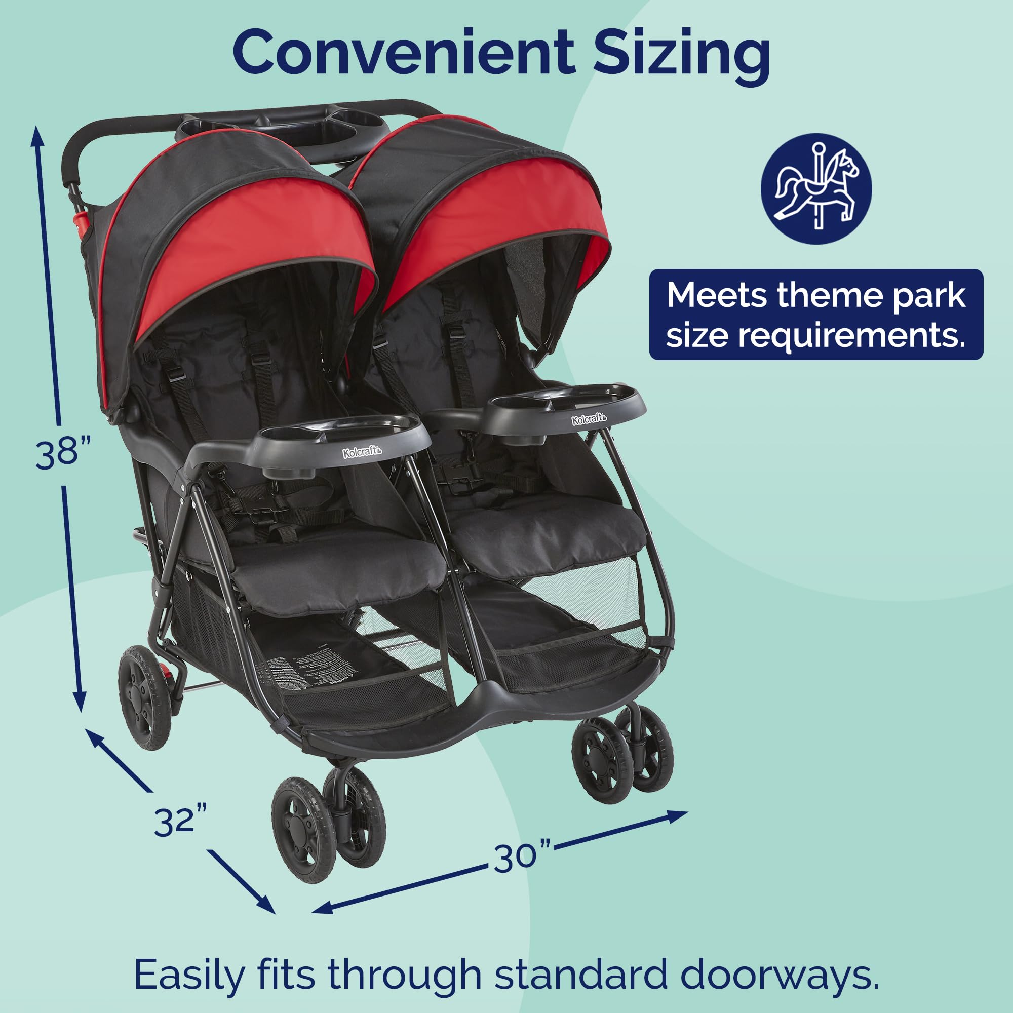 Kolcraft Cloud Plus Lightweight Double Stroller Side-by-Side for Infant Toddler, Compact Folding Travel System with Reclining Seats, Canopies, Storage Basket, Trays, Easy Maneuver – Red Black