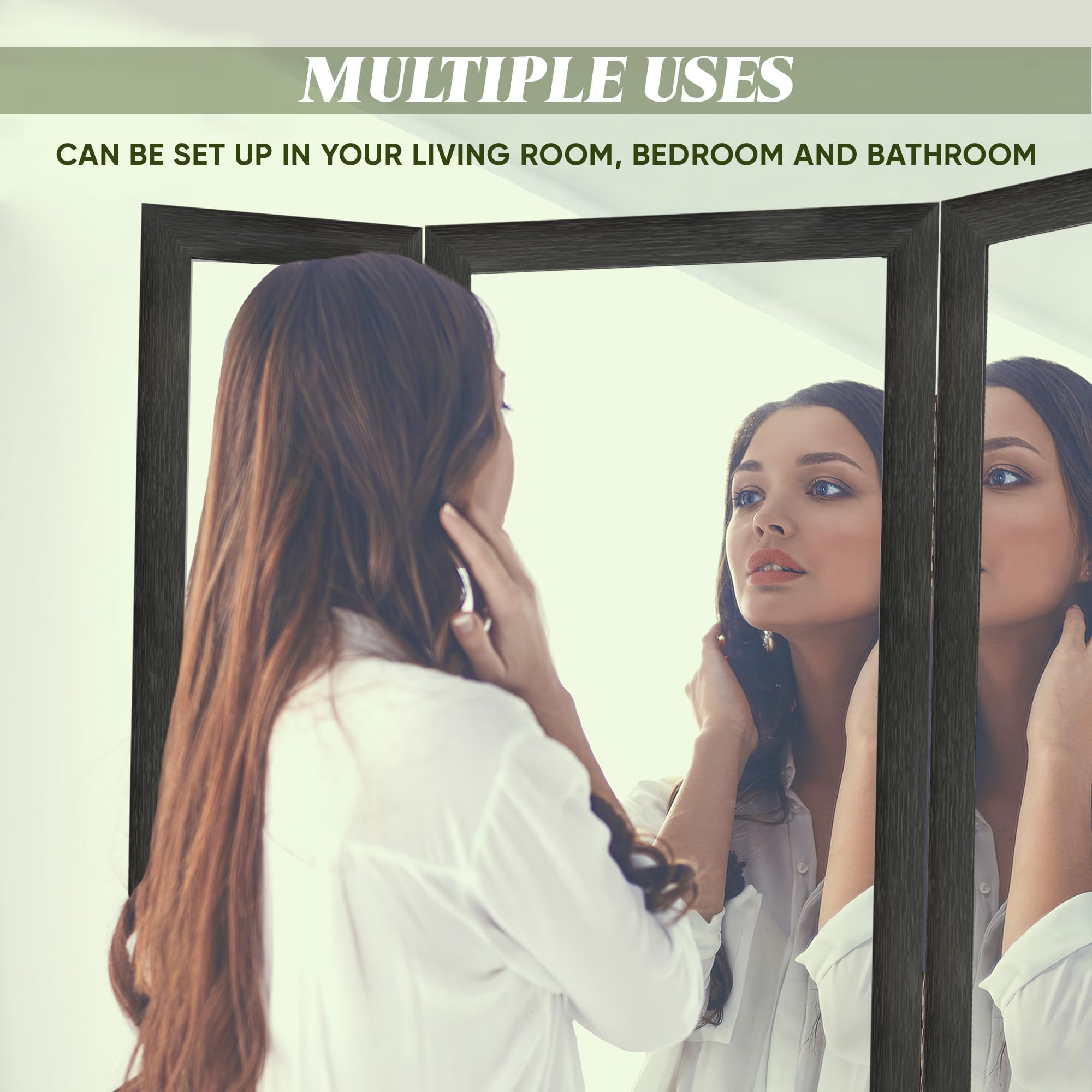 Houseables Trifold Mirror Full Length, 3 Way Mirror, Floor Length, Three Way Folding, Standing, Full Body, Wood Framed, 3 Sided for Bedroom, Makeup, Oversized, Foldable, Black, 71 x 32 to 65 Inch