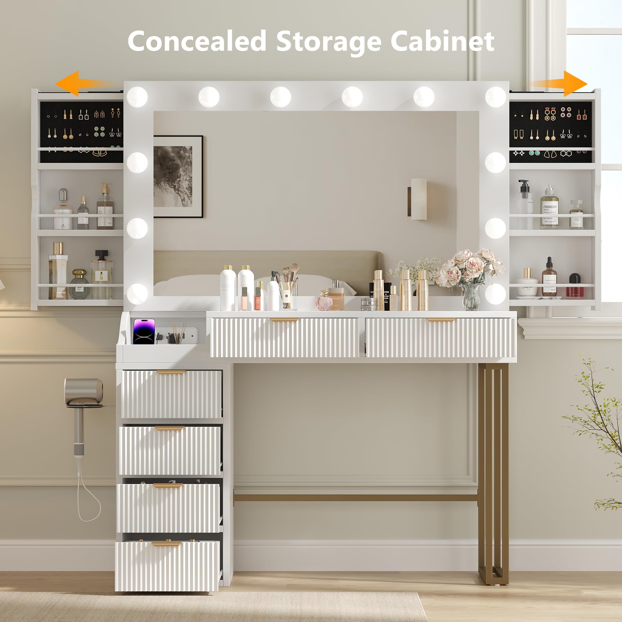 Feonase Vanity Desk, White 43'' Large Makeup Vanity Desk with Mirror and 12 Lights, 3 Color Modes, Glass Top Makeup Table with 6 Drawers and 2 Side Cabinets, Built in Charging Station