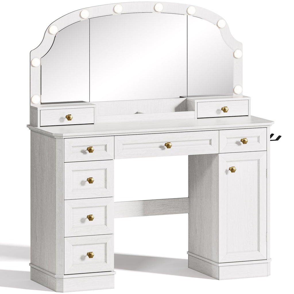 AMBERHAUS Farmhouse Makeup Vanity Desk with Mirror and Lights, 47'' Vanity Table with 8 Storage Drawers 1 Cabinet & 2 Organizer Trays, Big Dressing Table with Charging for Bedroom Classic White