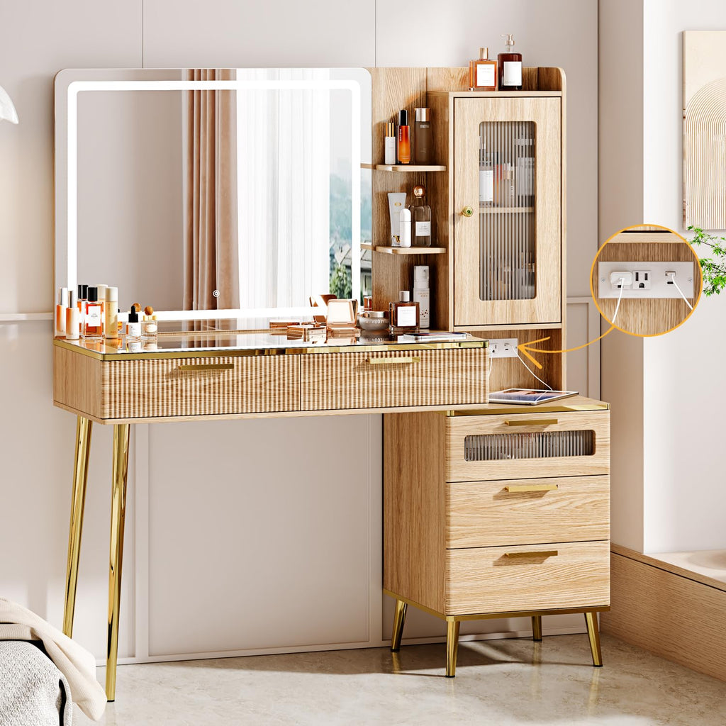 Arulvmrn Vanity Desk with Mirror and Lights, with Power Outlet and 10 Lights Modern Capacity Makeup Vanity with 3 Drawers, Makeup Table for Bedroom,Makeup Room,White