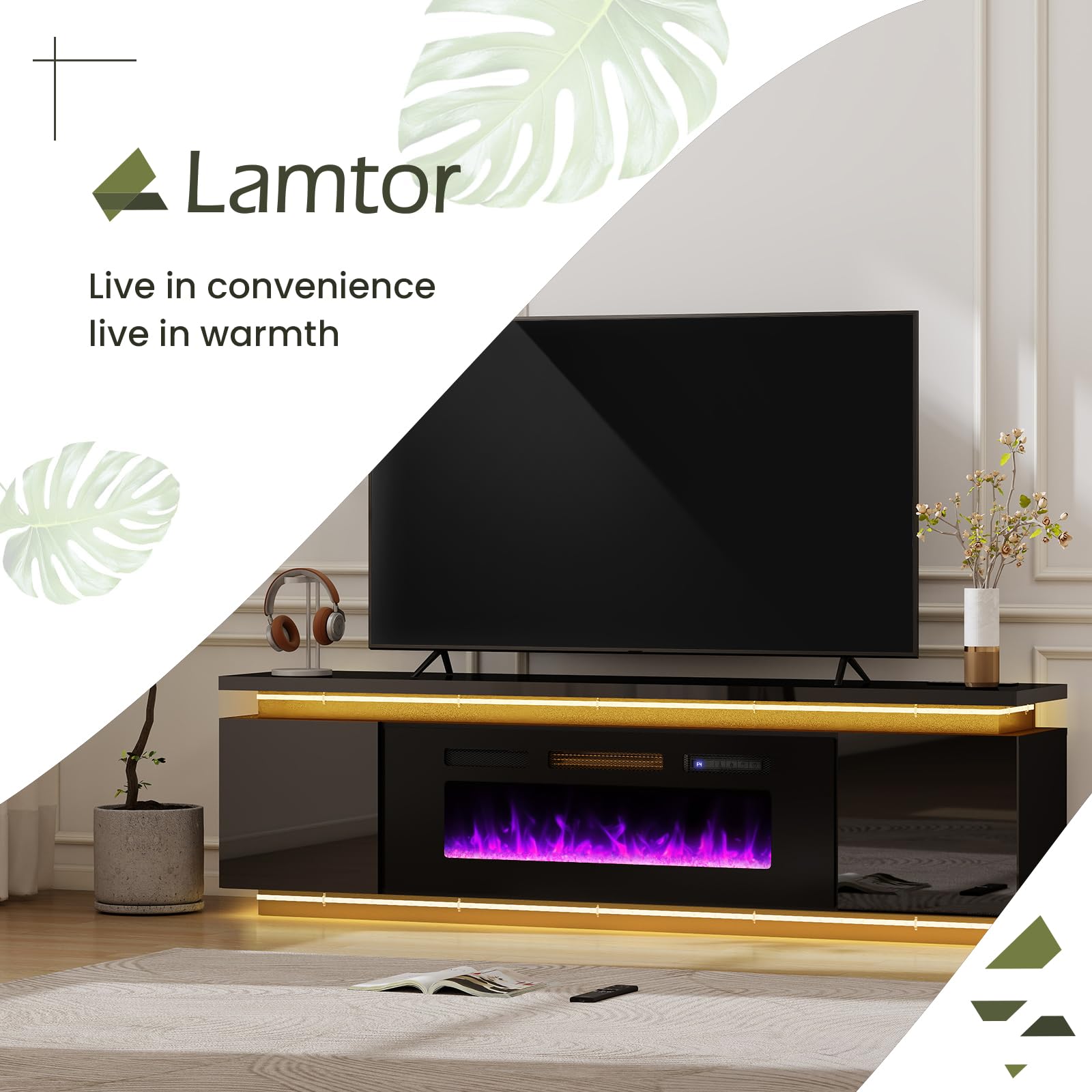 Lamtor Fireplace TV-Stand with 40" Fireplace - 2 LED Light TV-Stand for 85 inch TVs - Entertainment Center with 4 AC Power Outlets - 2 Tier TV Consoles Stand for Living Room, Black