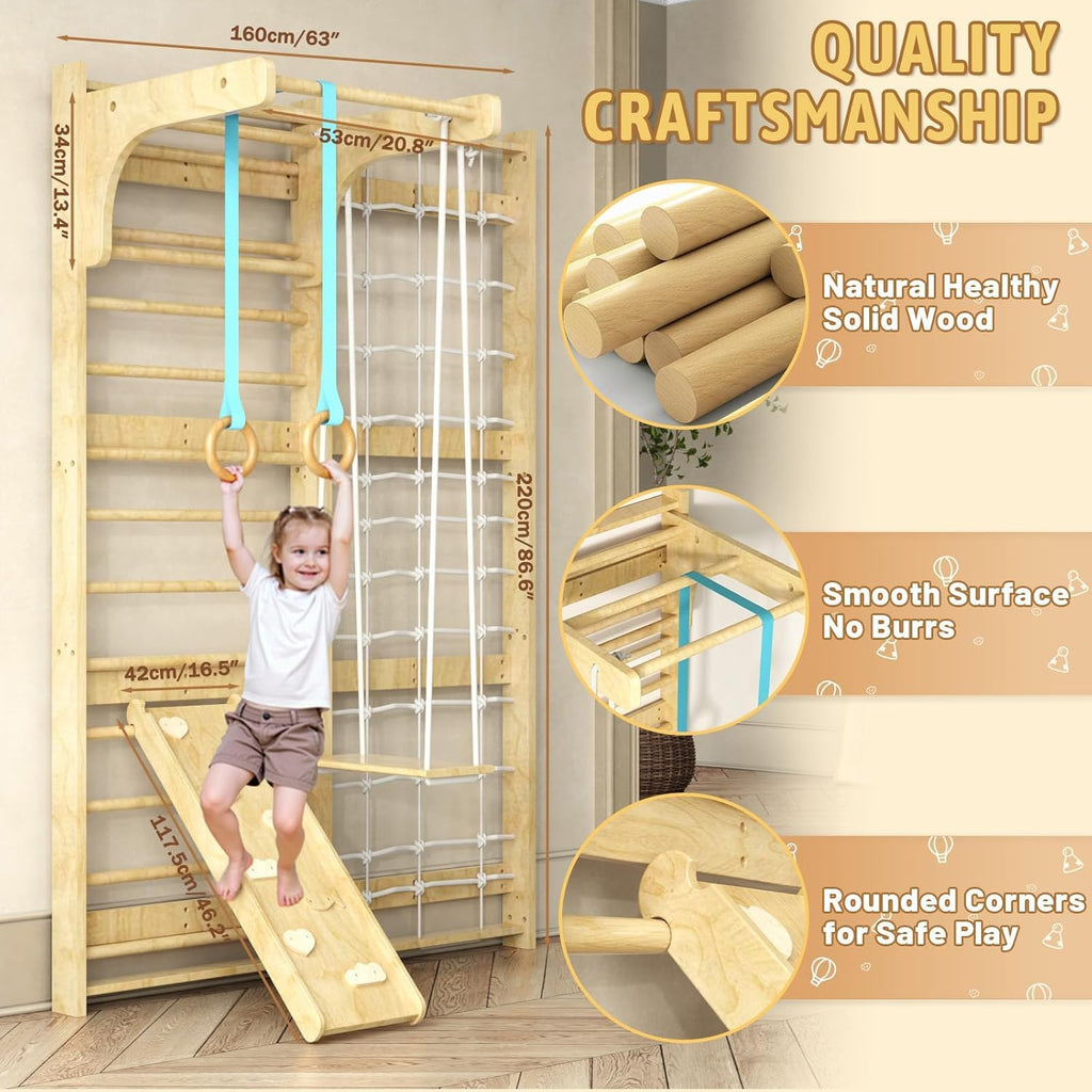 7-in-1 Swedish Ladder, Wooden Climbing Wall Ladder for Kids and Adults, Montessori Climber Playset with Pull-Up Bar, Indoor Climbing Gym, Kids Playground