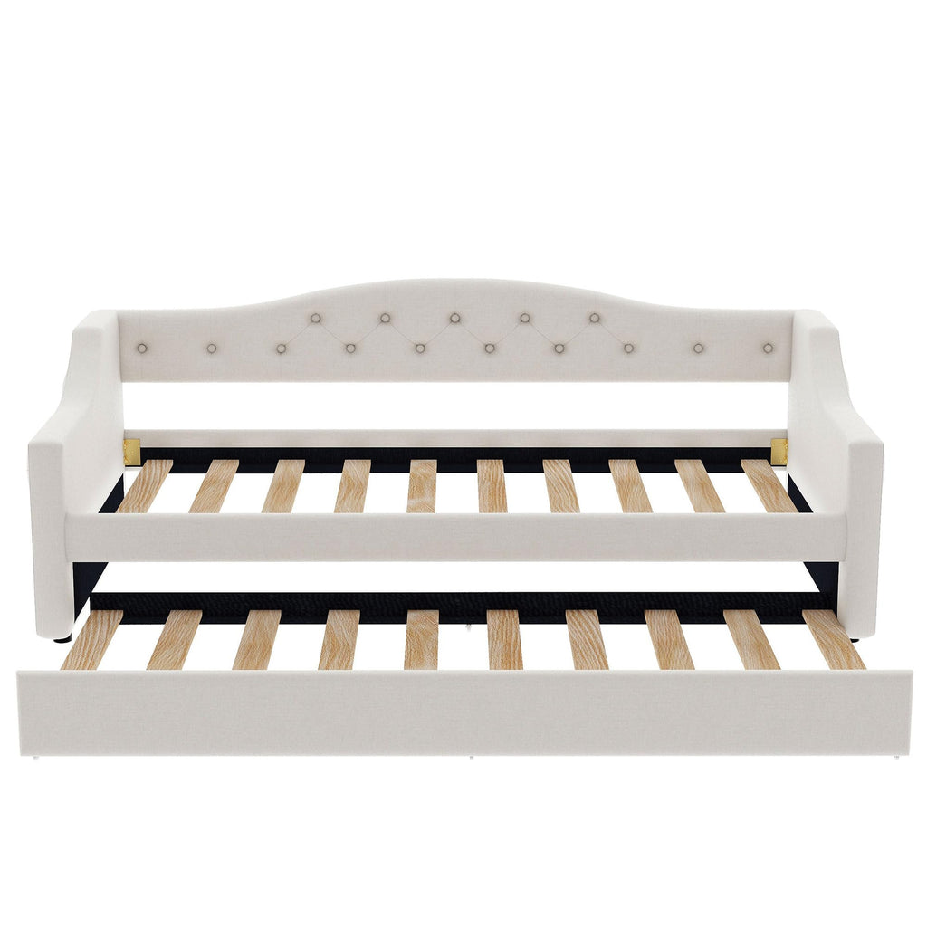 GDFStudio Twin XL Upholstered Daybed with Linen Fabric, LED Lighting Belt, Pull-Out Trundle, Sturdy Pine Wood Frame with Slats, Modern Beige Platform Bed for Users, No Box Spring Required, Beige