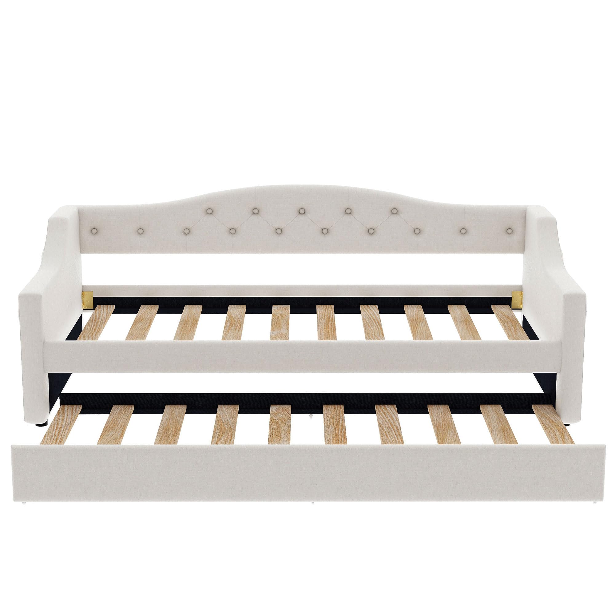 GDFStudio Twin XL Upholstered Daybed with Linen Fabric, LED Lighting Belt, Pull-Out Trundle, Sturdy Pine Wood Frame with Slats, Modern Beige Platform Bed for Users, No Box Spring Required, Beige