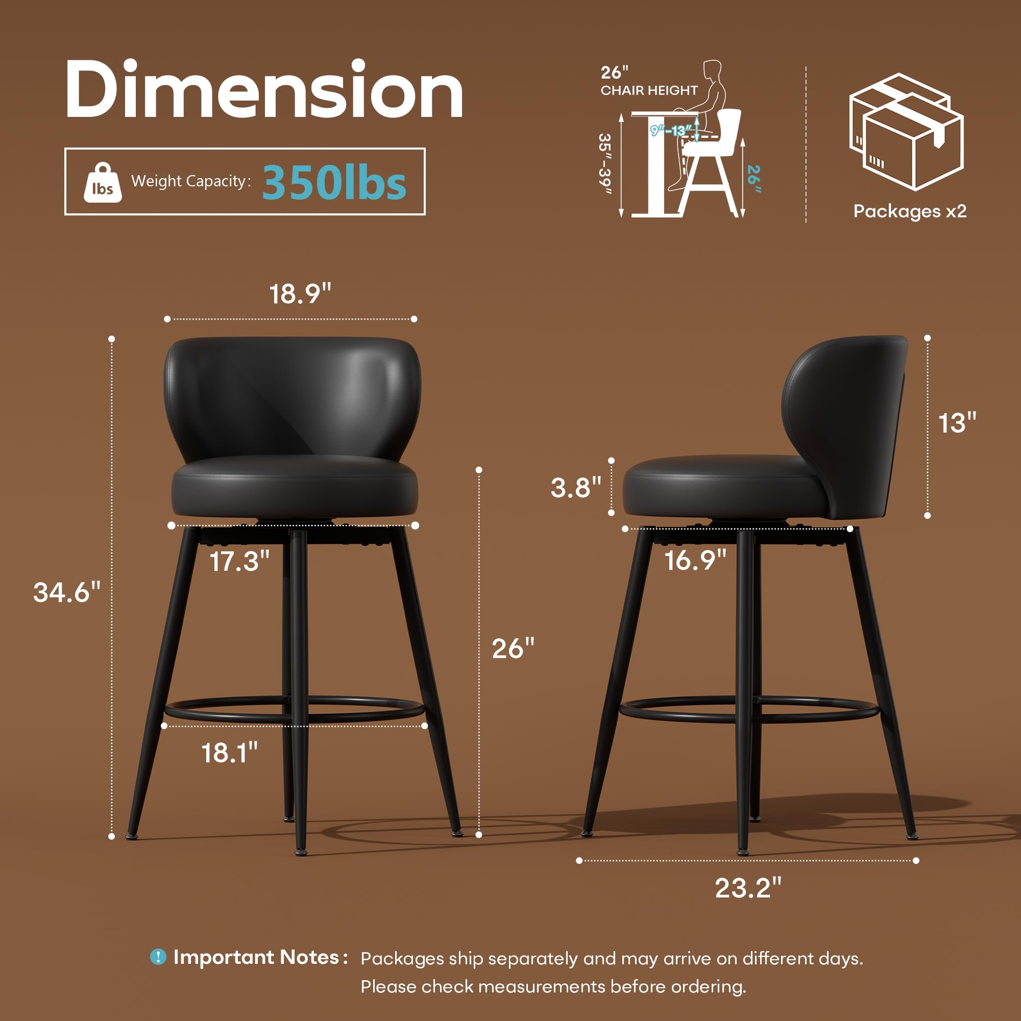 Sucrever Bar Stools Set of 4, 26" Counter Height Swivel Bar Stools, Upholstered Leather Barstools with Back Footrest Metal Legs, Stools for Kitchen Island, Home Bar, Dining Room Black