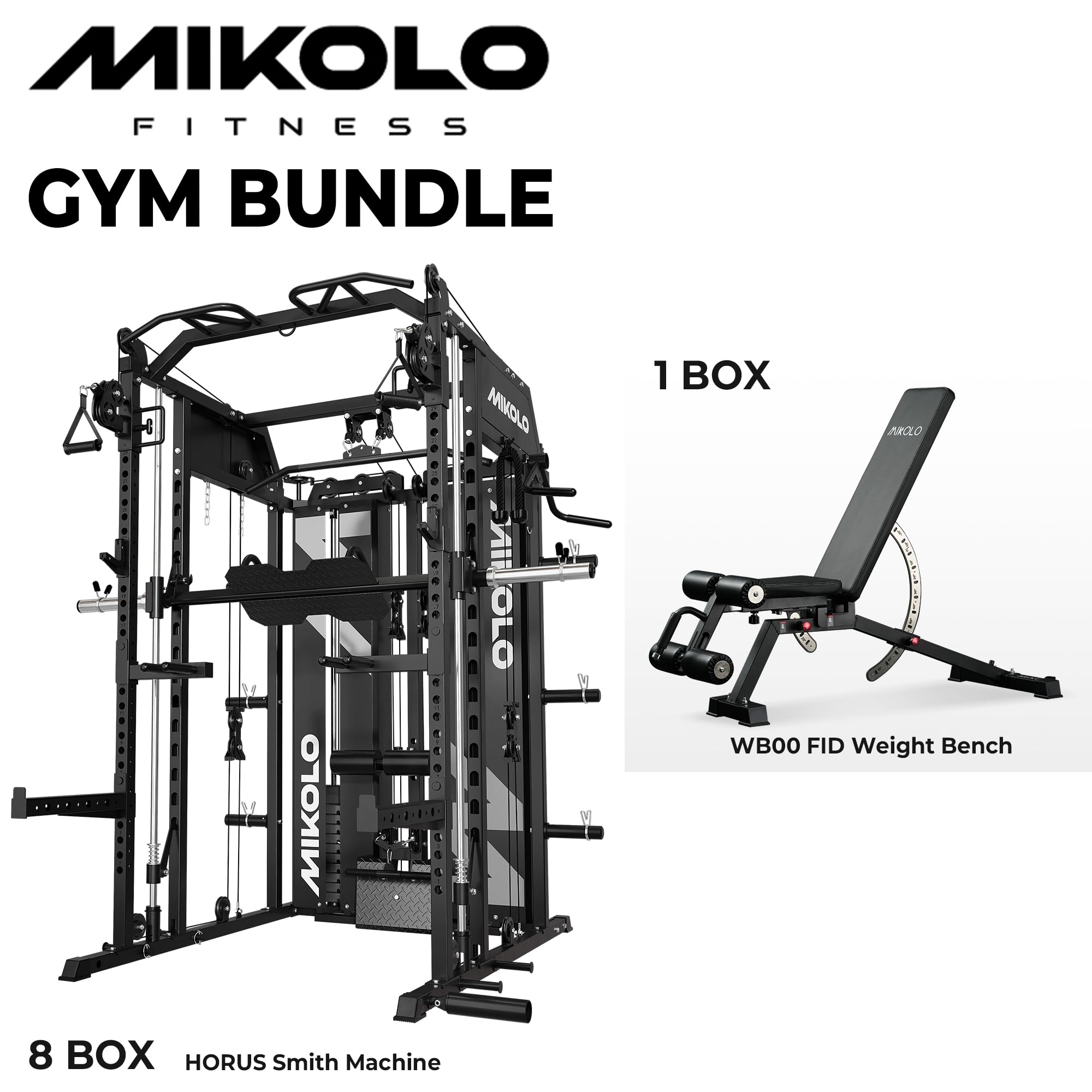 Mikolo Smith Machine with Weight Stack, Power Cage Home Gym System with LAT Pulldown & Cable Crossover, Multi-Functional Trainer with Dual Pulley System, Weight Bench, Cable attachments