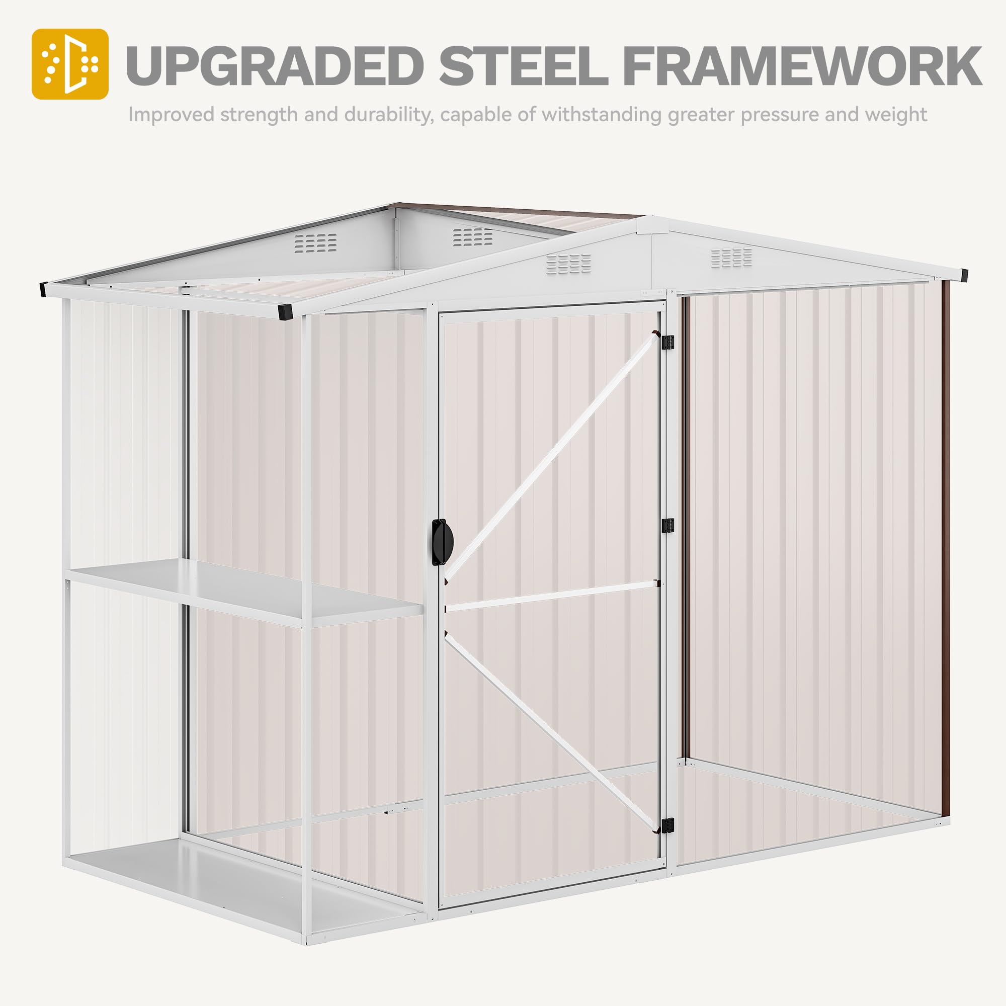 DWVO Outdoor Storage Shed 8x4FT with Rack, Metal Garden Shed with Storage Shelves, Bike Storage Tool Cabinet Box for Lawn Backyard Patio Use, Brown