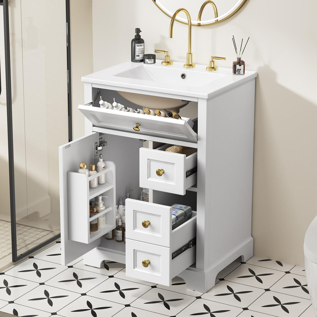 Bathroom Vanity with Sink 24 Inch, Tip-Out Drawer and Door Rack, Adjustable Shelf, Soft-Closing Drawers and Door, White
