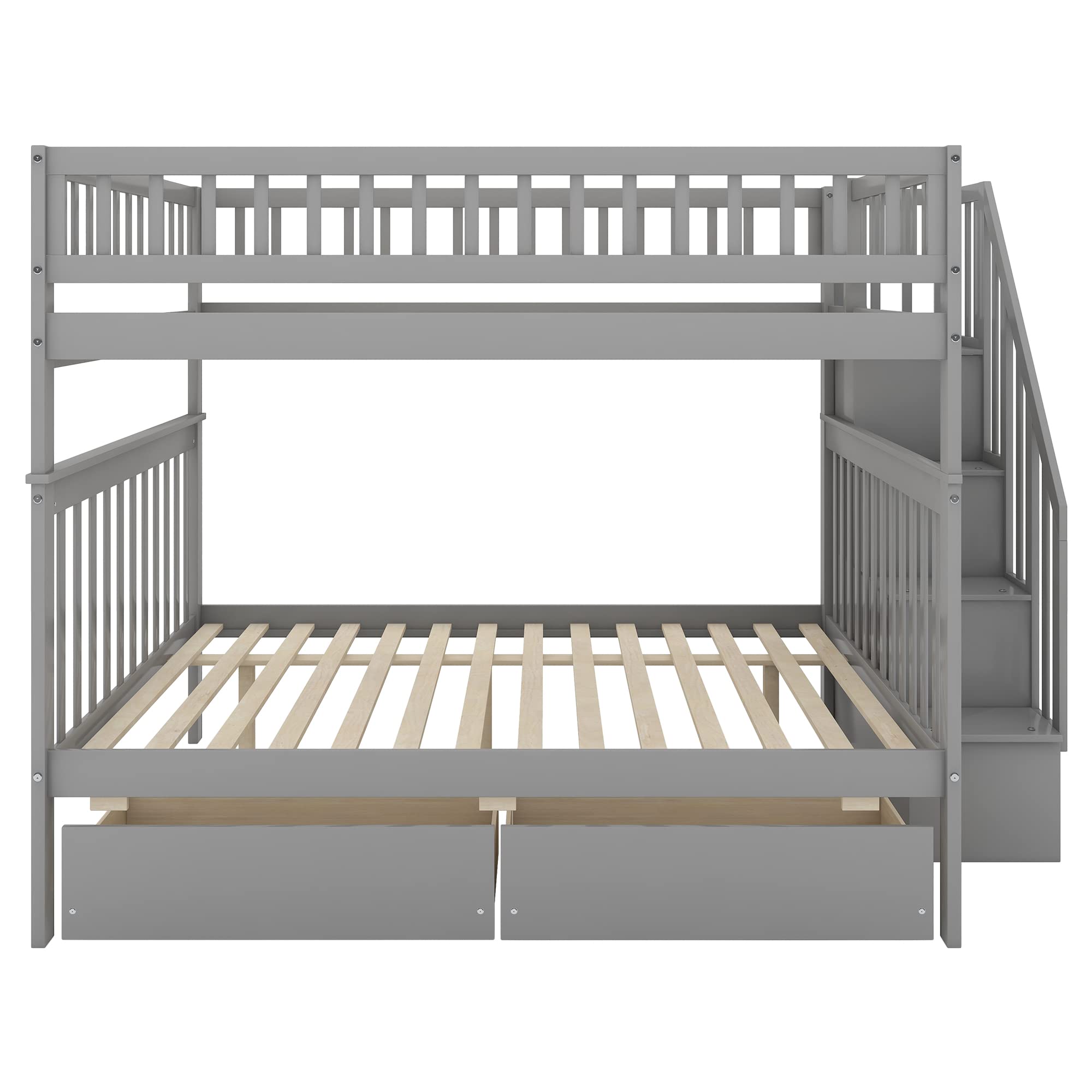 Favfurish Full-Over-Full Bunk Bed with Two Drawers and Storage,Wood Bed-Frame W/High Guardrail & Inclined Handrails,Bedroom Furniture for Children,Teens,Adults,Gray