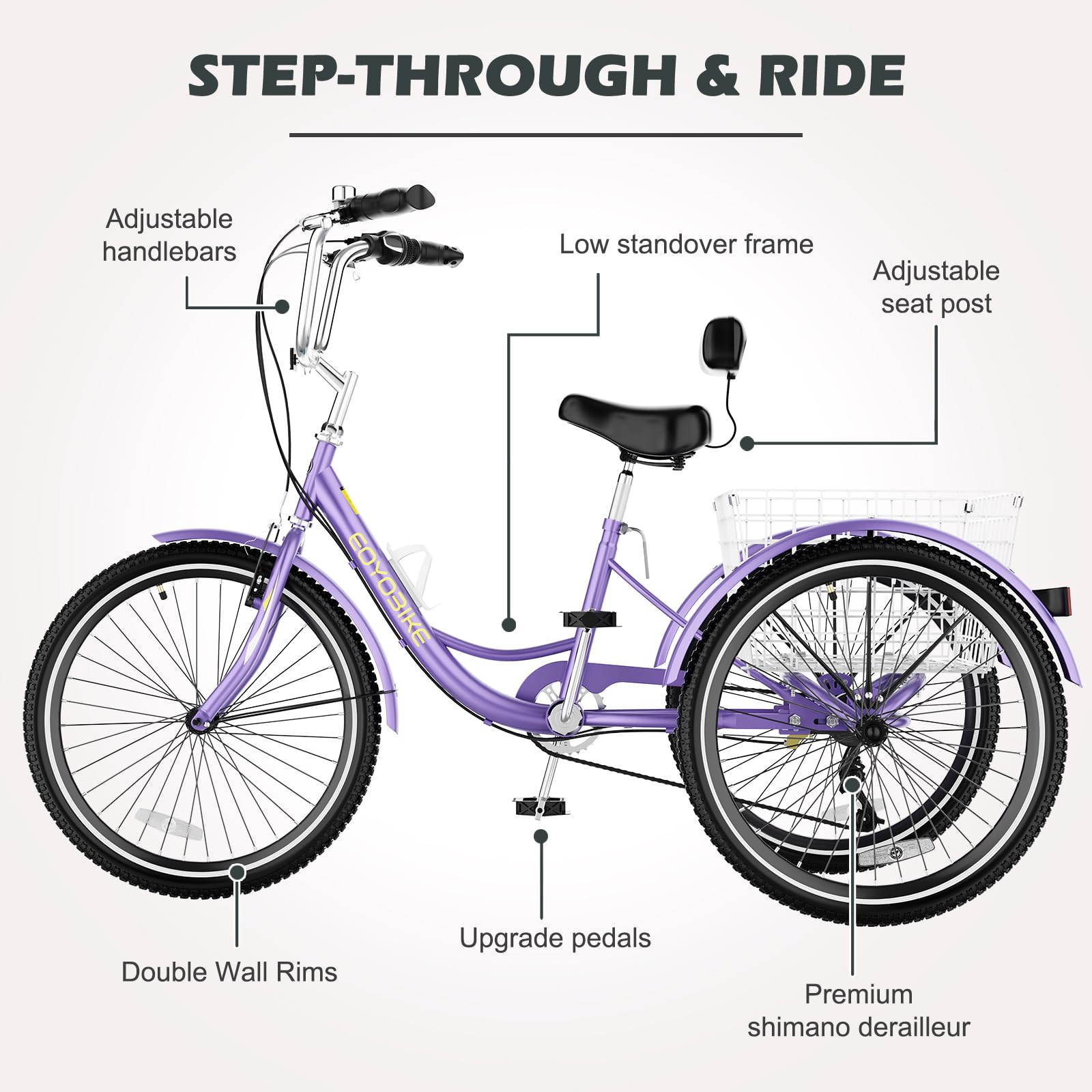 H&ZT Adult Tricycle, 3 Wheeled Bike, Trike Cruiser Bike, with 7-Speed Gear, Parking Brake Handle, Low Step, Large Rear Basket, Elderly Friendly, for Men, Women, and Teens