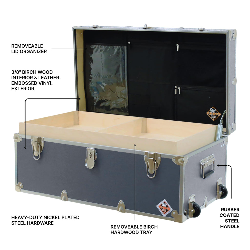 Rhino Trunk & Case Small Essential Trunk With Wheels, Tray, & Lid Organizer - 30"x17"x13", 1000+ lbs Capacity. Strong, USA Made Summer Camp Footlocker, and Secure College Dorm Storage Chest
