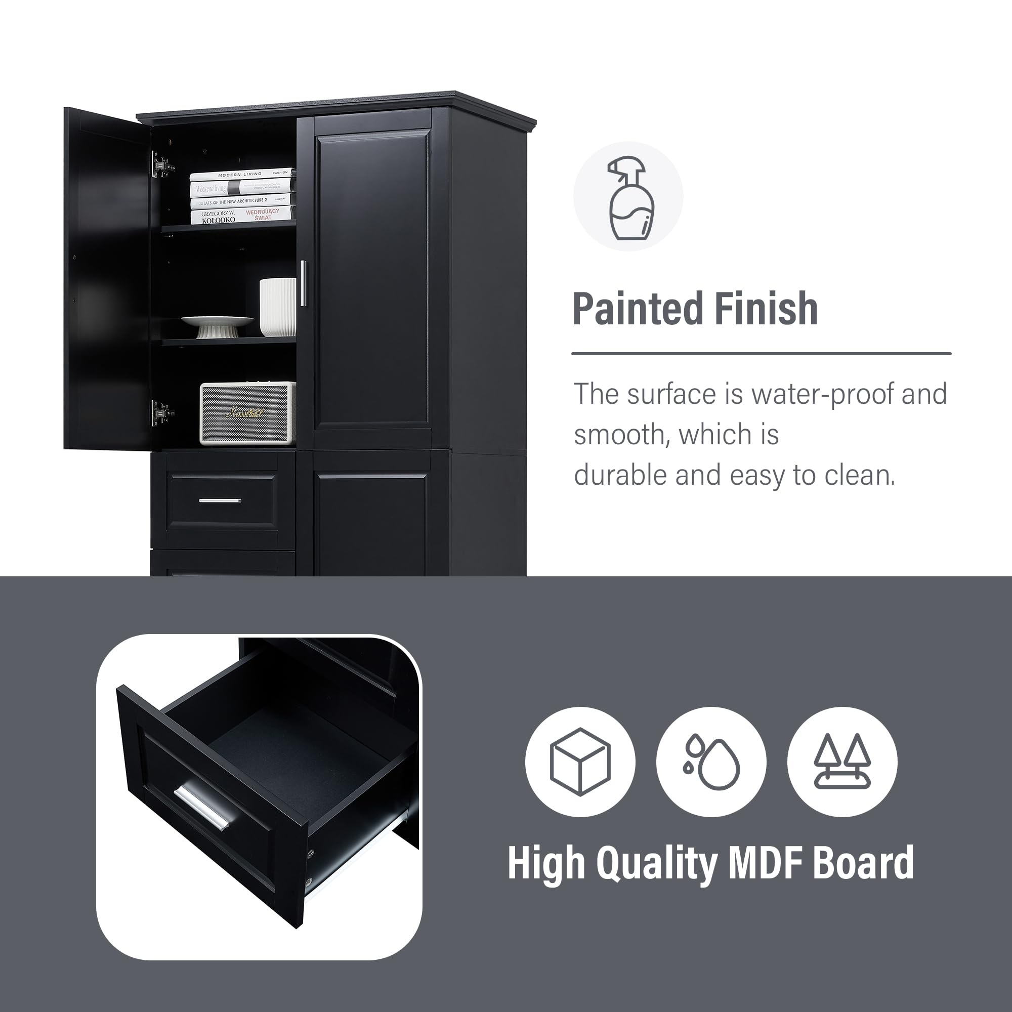62.2" Wide Storage Cabinet Pantry Cupboard with Doors and Drawers for Home Kitchen, Bathroom and Living Room, Adjustable Shelf, Black