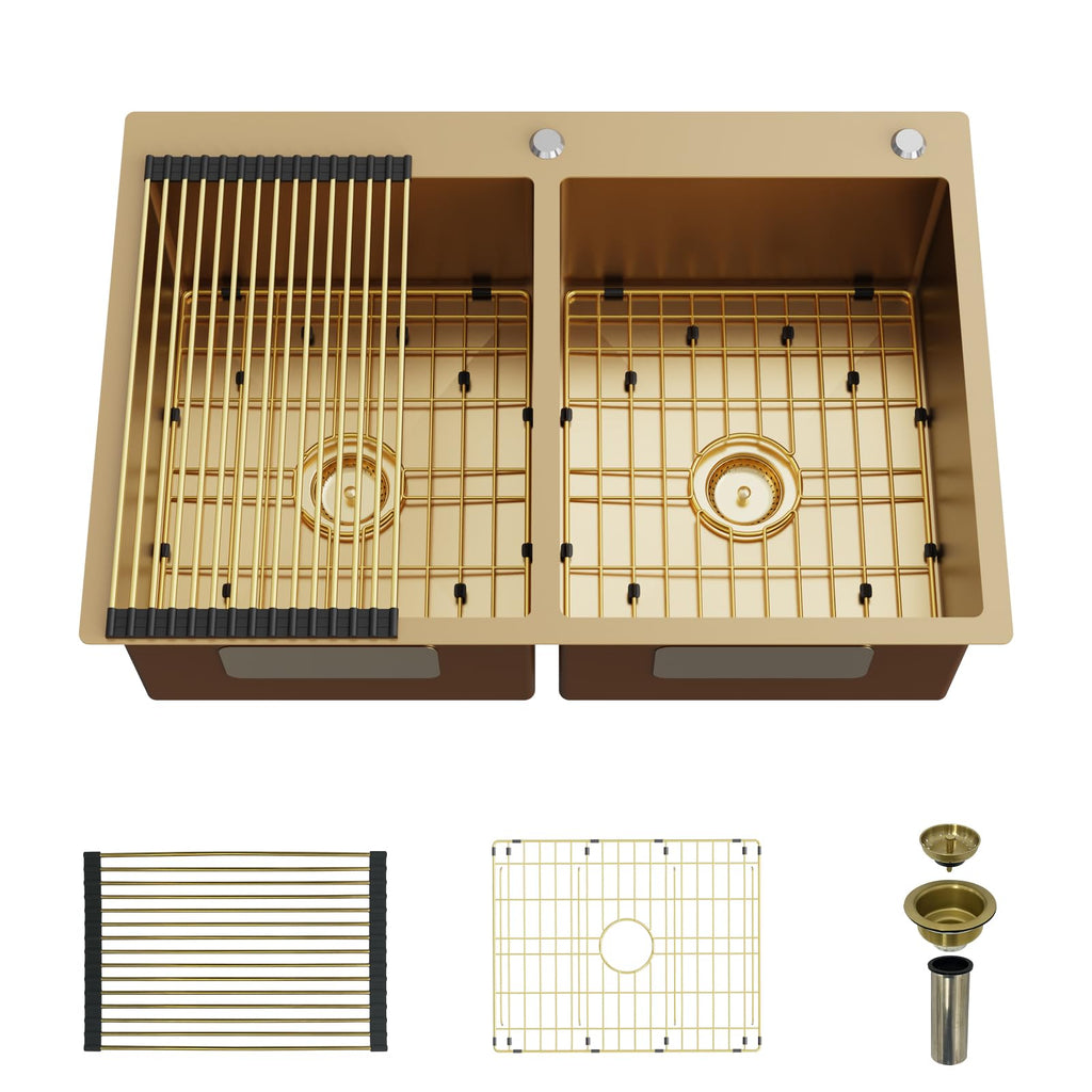 Gold 50/50 Double Bowl Kitchen Sink, 33"x 22" Stainless Steel Drop In Kitchen Sink Gold Topmount Sink With Gold-tone Accessories-Rack,Grid And Drain Assembly Add Luxurious Look For Modern Kitchen