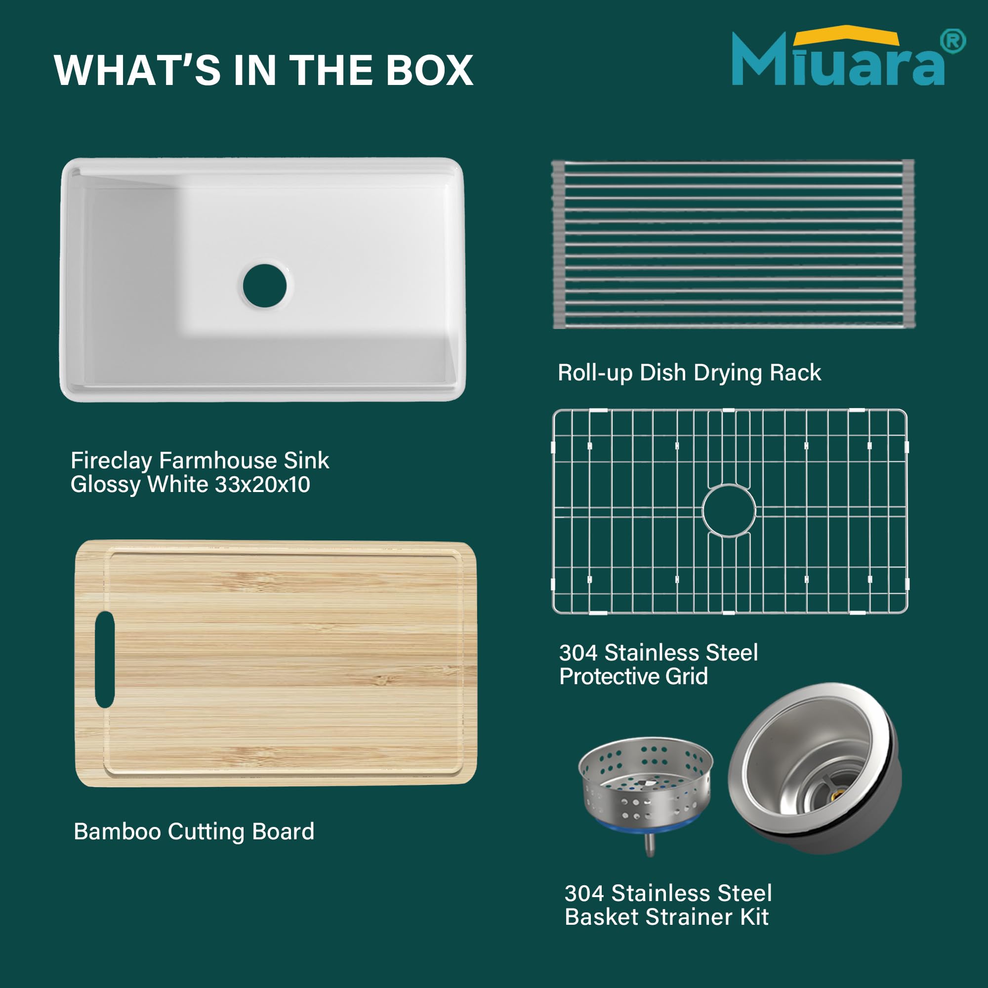 Miuara White Farmhouse Workstation Sink 33 Inch - Heavy Duty Fireclay Apron Front Kitchen Sink Undermount 33"x20"x10", Farm House Style Deep Single Bowl for Kitchen