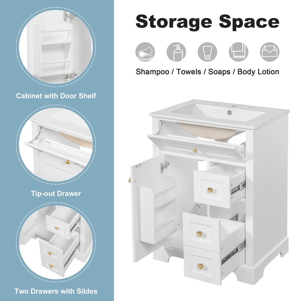 Bathroom Vanity with Sink 24 Inch, Tip-Out Drawer and Door Rack, Adjustable Shelf, Soft-Closing Drawers and Door, White