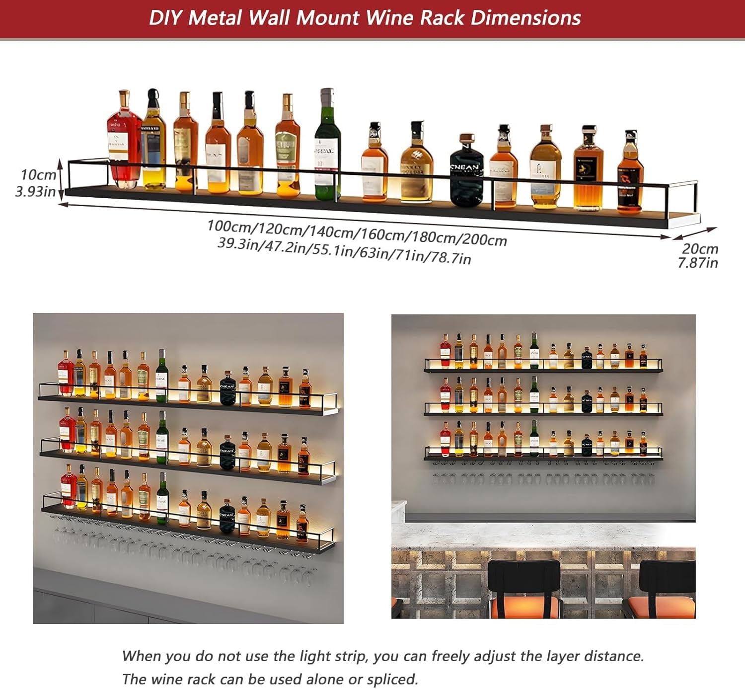 VITNSVILE Metal Wall Mounted Wine Rack with LED Light, 3 Tiers Liquor Bottles Floating Shelves with Glass Holder, Wine Shelf Industrial Bar Shelves for Home Bar Dining (Black, 180cm/71in)