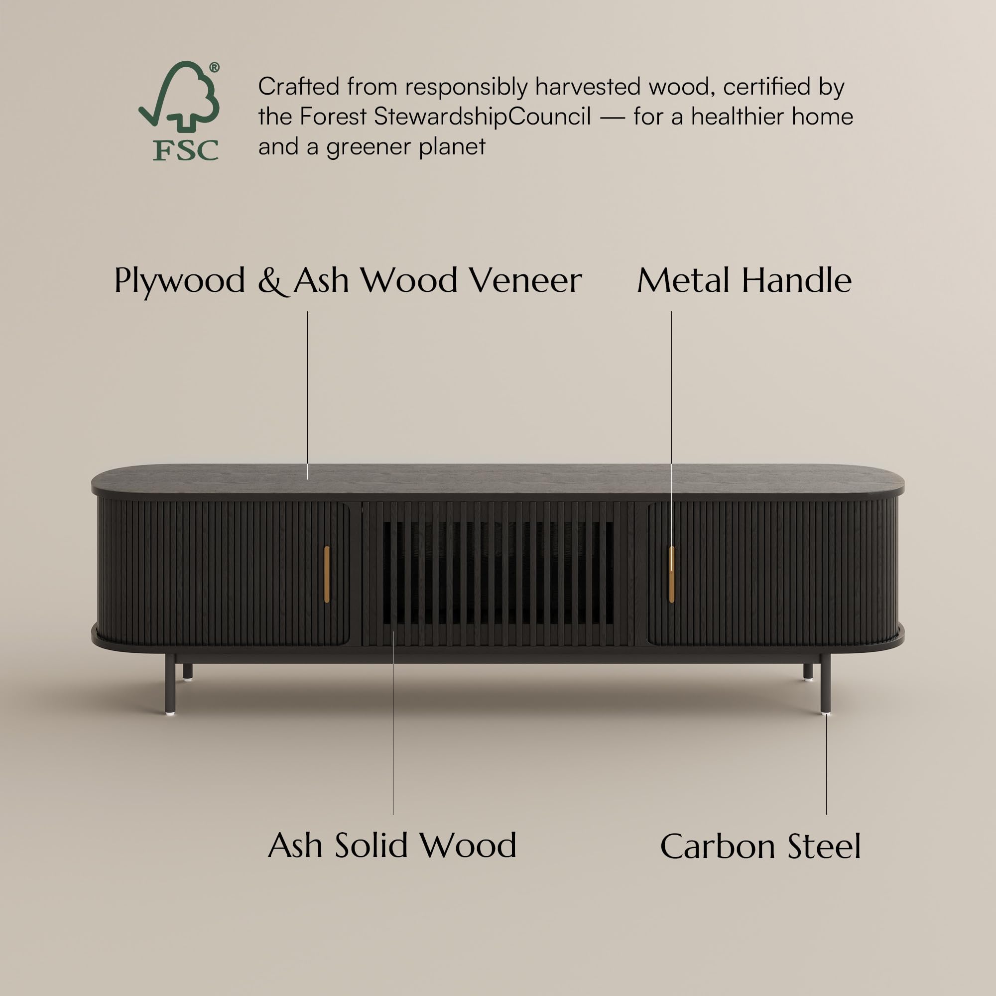 POVISON Fully-Assembled Mid Century Modern TV Stand, Sliding Tambour Door Entertainment Center with Storage, Wood TV Console, Media Console for Living Room Bedroom(Black, 78.74")