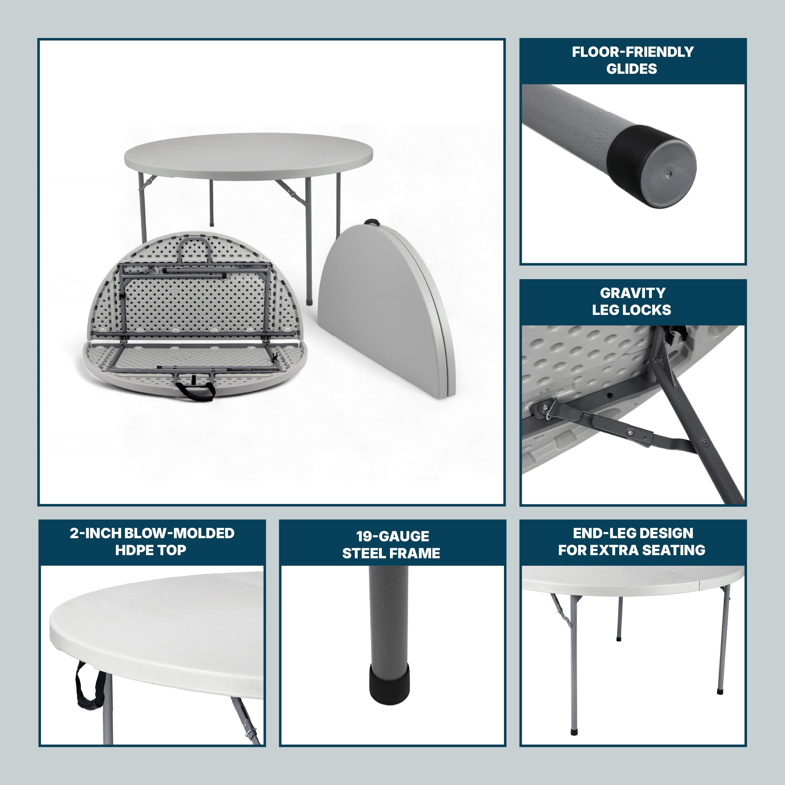 OEF Furnishings OEFCMFIH60R Commercial-Grade Premium Industrial Fold-in-Half Blow-Molded Folding Table with 19-Gauge Steel Frame and Thick Top (60" Diameter, Speckled Gray Top)