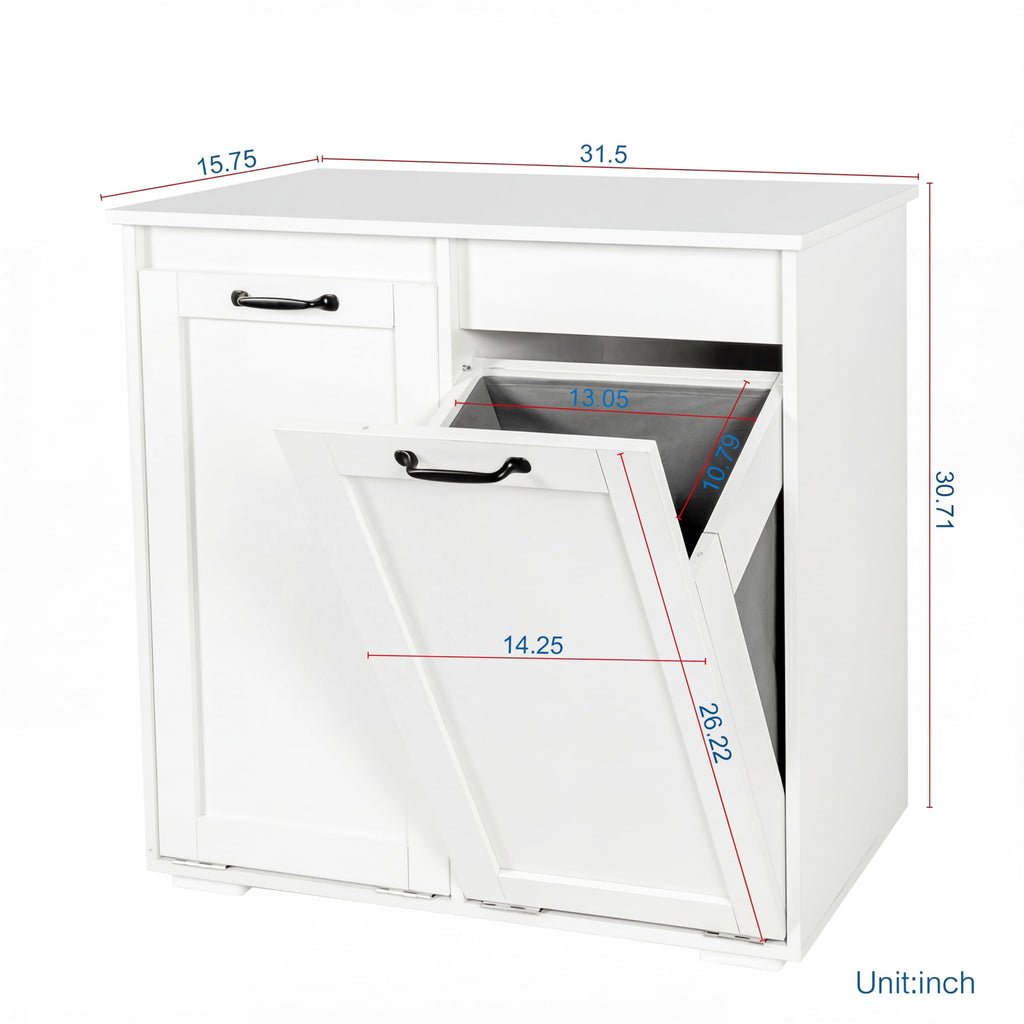 White Laundry Cabinet with 2 Removable Liner Bags, Particle Board and MDF, 31.5 x 15.75 x 30.31 Inches, Dual Compartment Hamper Sorter