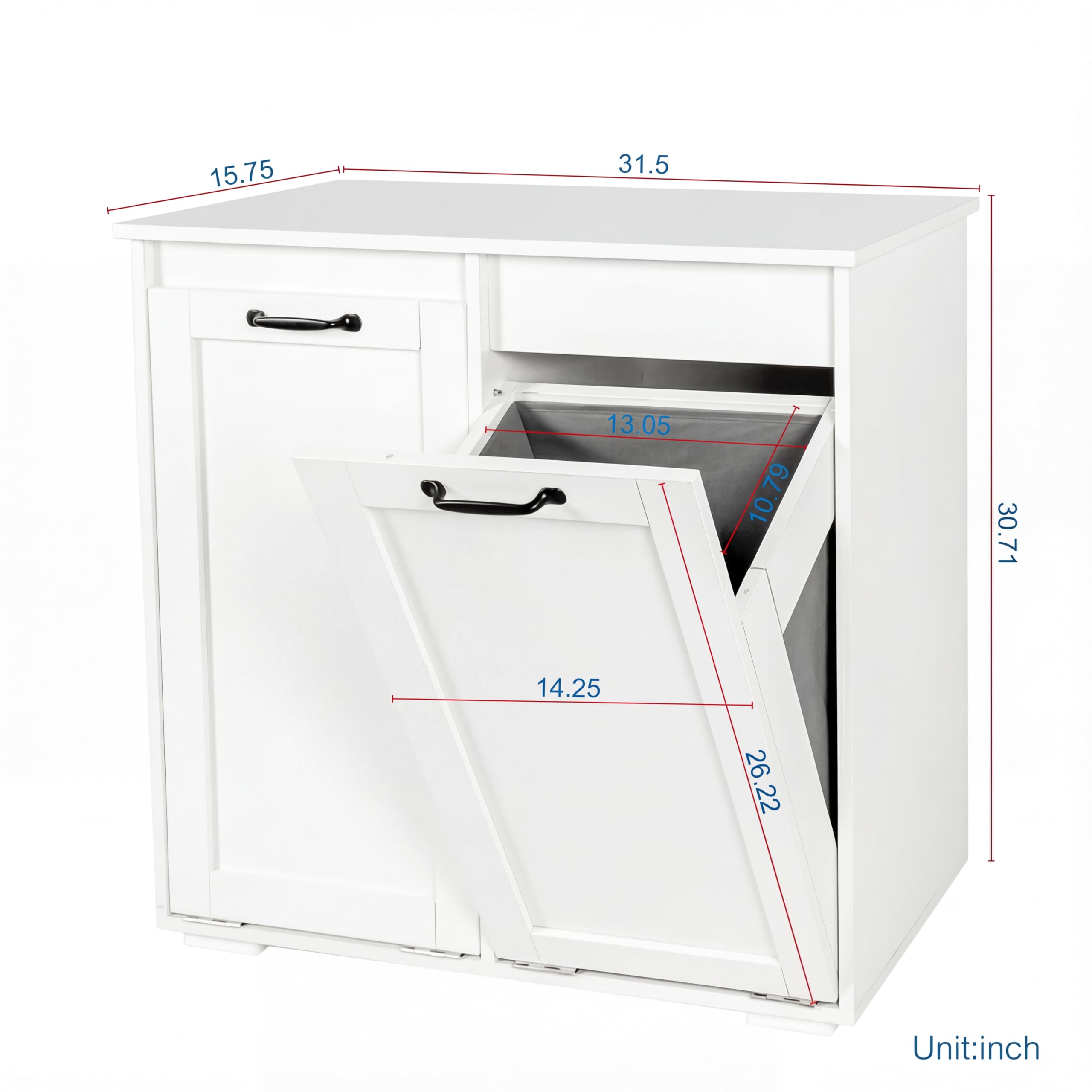 White Laundry Cabinet with 2 Removable Liner Bags, Particle Board and MDF, 31.5 x 15.75 x 30.31 Inches, Dual Compartment Hamper Sorter