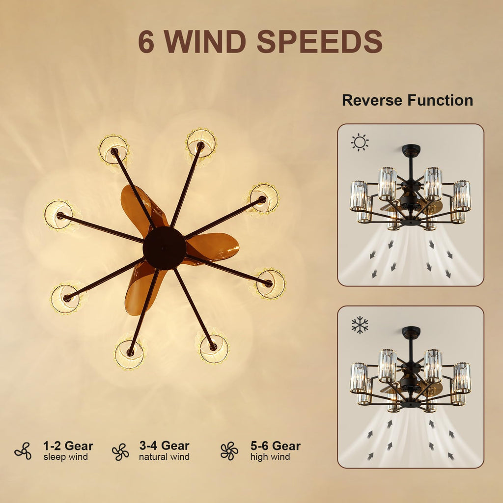 MOOONICHE Crystal Chandelier Ceiling Fan Vintage Fandelier Luxury Caged Ceiling Fan with Light and Remote for Dining Room Living Room Bedroom Kitchen Farmhouse Entry, Black, Dia 34 inch, 8 Lights