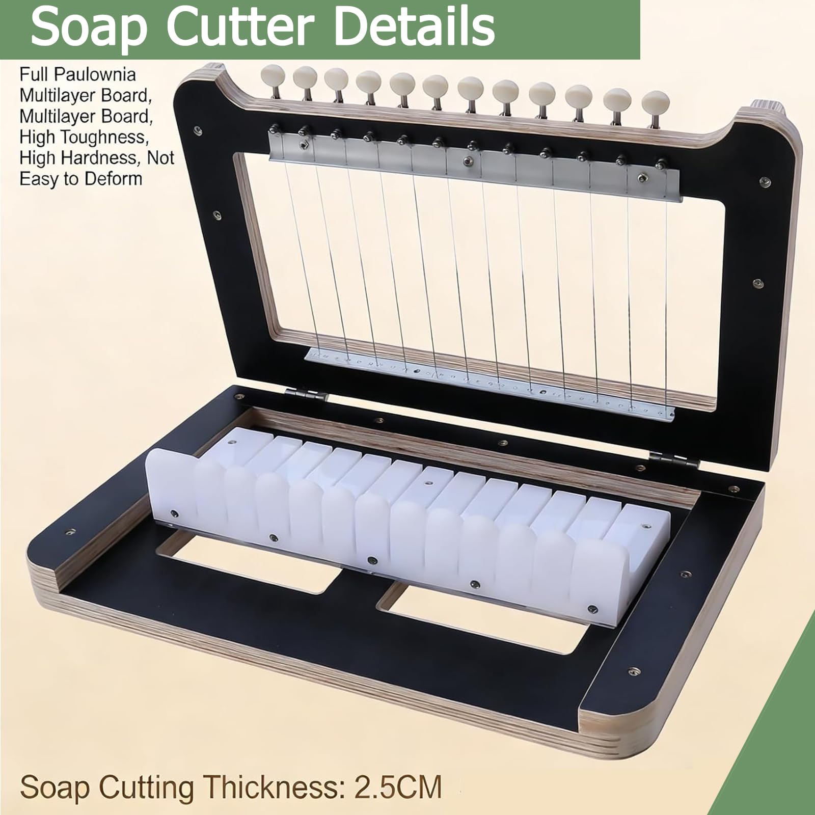 12 Wire Wooden Soap Cutter, Professional Handmade Soap Cutting Machine, Cuts 1-12 Bars, Soap Cutting Thickness: 2.5cm, for Handmade Soap Making, Candles Trimming and Cheese Cutting