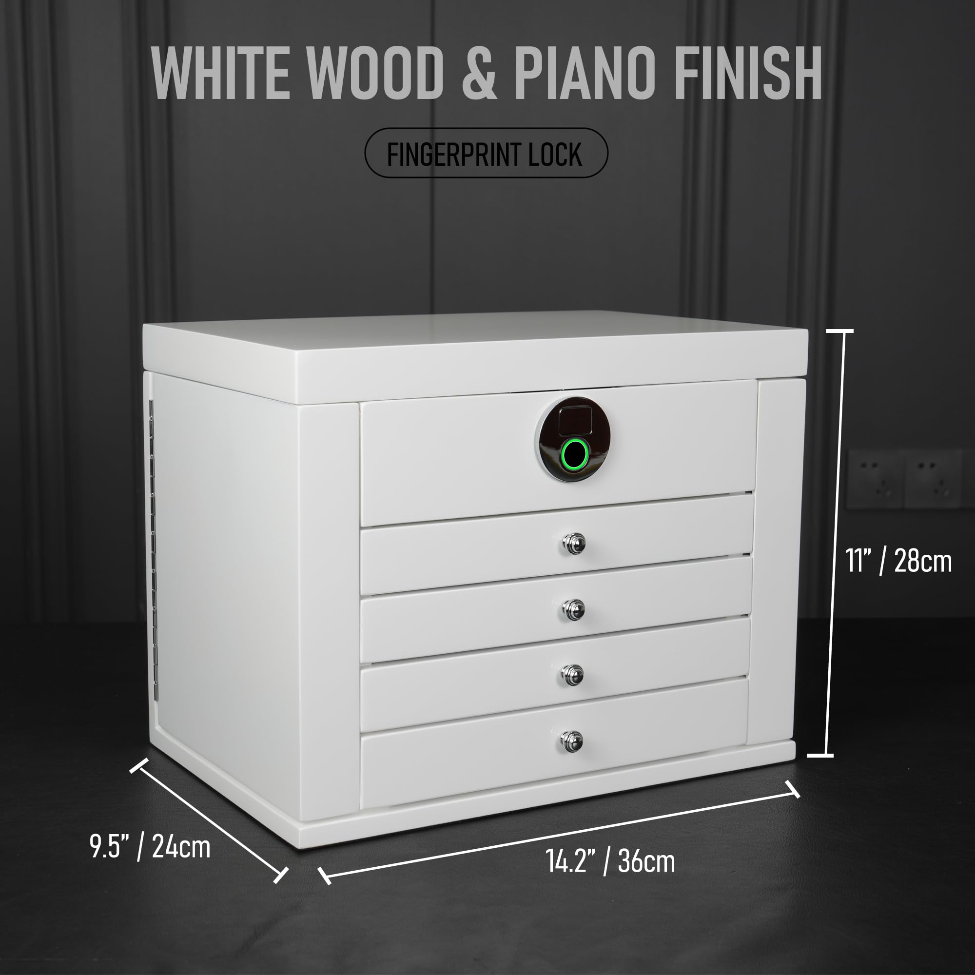 SYENS White Wood Jewelry Box, Large Size, Fingerprint Unlock, Seven Level Jewelry Organizer with Necklace Hanger and Mirror, High Gloss Lacquer Finish (5L-WT)