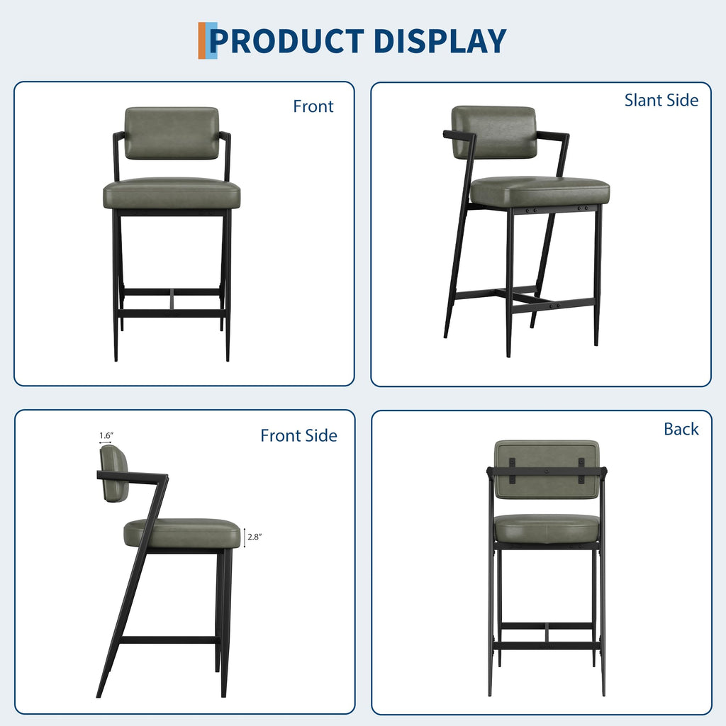 Garvee Bar Stools Set of 6 w/Arms & Footrest, Upholstered Bar Stools with Backrest & Thickened Metal Legs, Counter Height Bar Stools with Thick Cushion for Island, Counter Bar, Retro Green