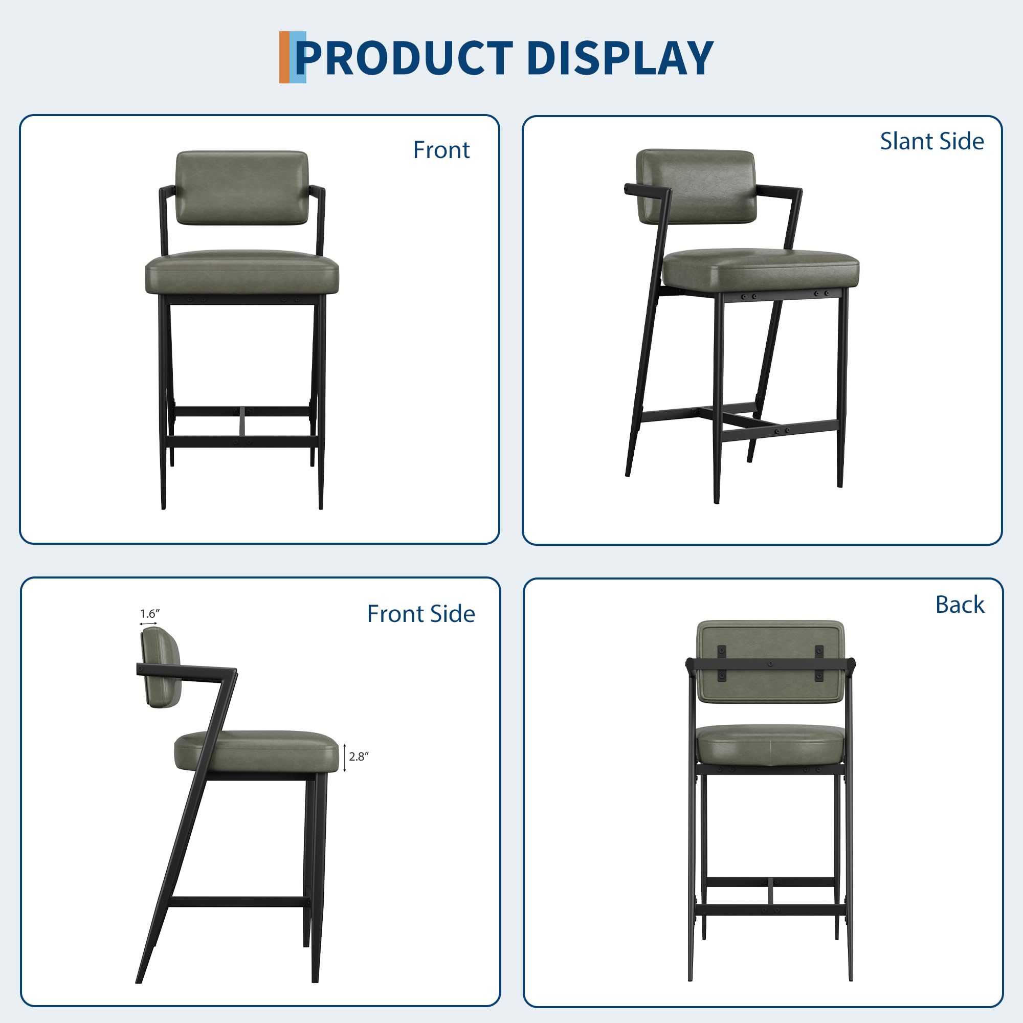 Garvee Bar Stools Set of 6 w/Arms & Footrest, Upholstered Bar Stools with Backrest & Thickened Metal Legs, Counter Height Bar Stools with Thick Cushion for Island, Counter Bar, Retro Green