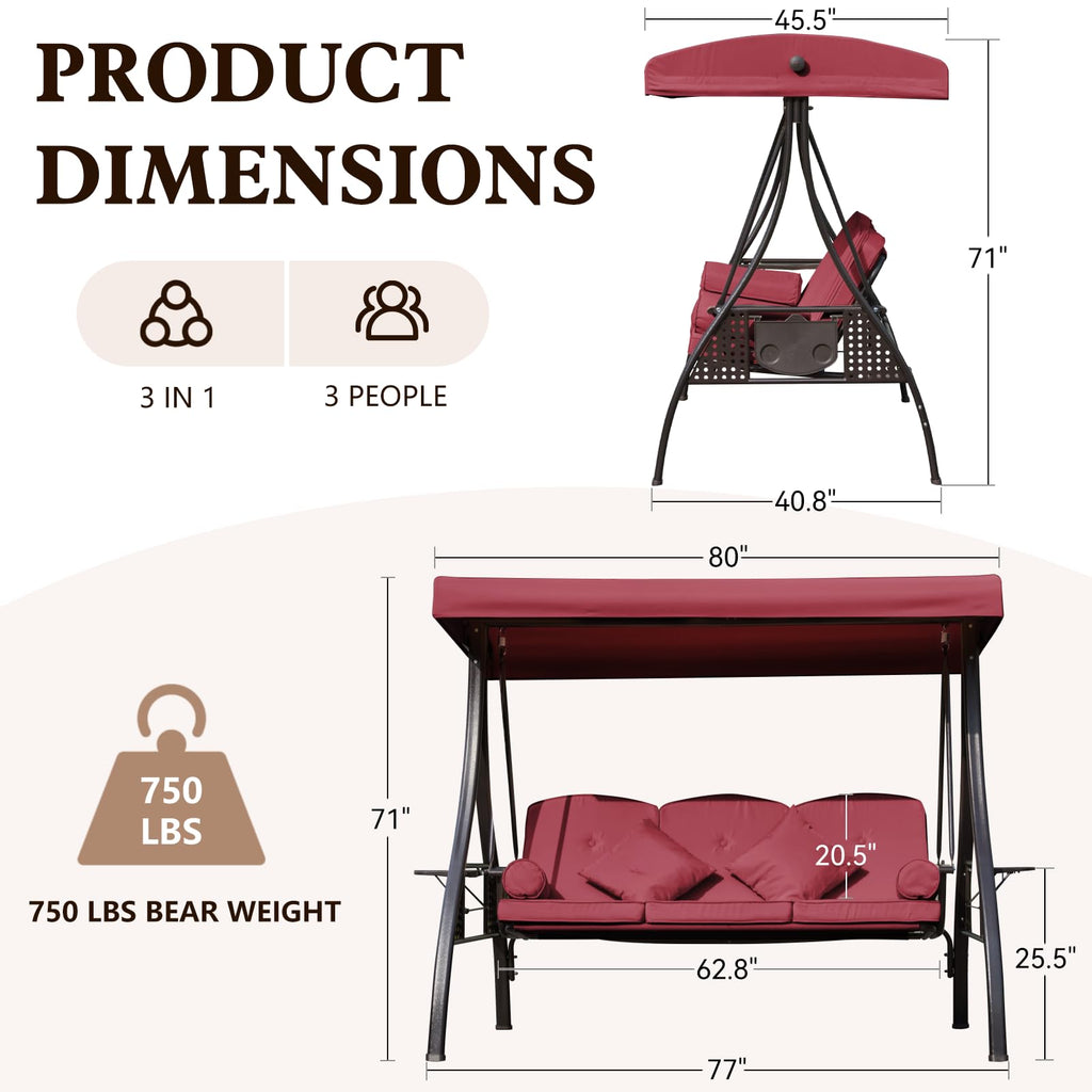Mvpipi Outdoor Porch Patio Swing,3-seat Swing with Canopy,3 in 1 Convertible Swing Bed for Adults,Porch Swing with Stand,Bench Swing with Pillows & Cup Holder for Garden,Deck(Wine Red,Square Tube)