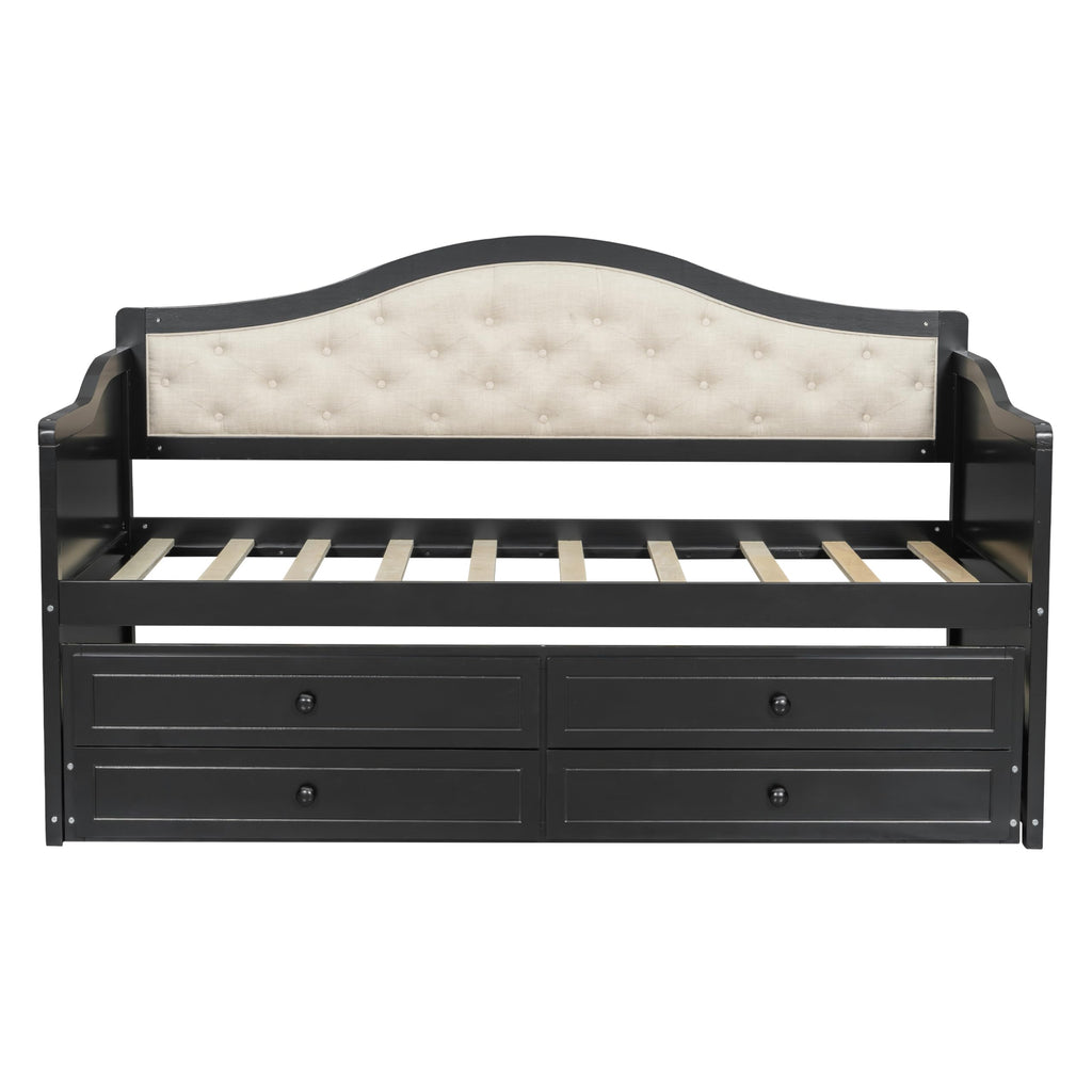 GDFStudio Twin Daybed with Trundle and 2 Storage Drawers, Upholstered Button Tufted Wooden Daybed Sofa Bed, Twin Size Pull Out Trundle Bed Frame for Living Room Bedroom Guest Room, Black