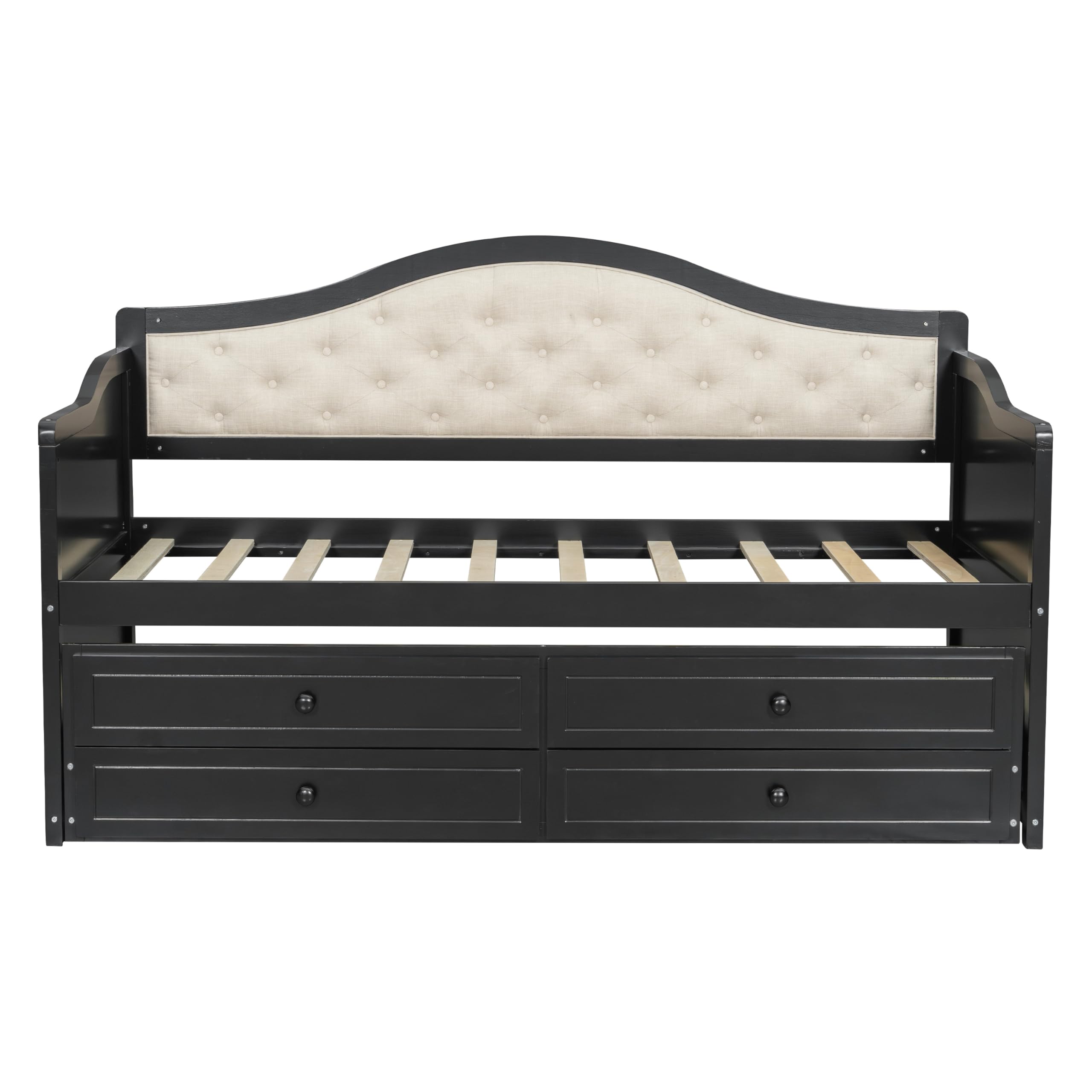 GDFStudio Twin Daybed with Trundle and 2 Storage Drawers, Upholstered Button Tufted Wooden Daybed Sofa Bed, Twin Size Pull Out Trundle Bed Frame for Living Room Bedroom Guest Room, Black