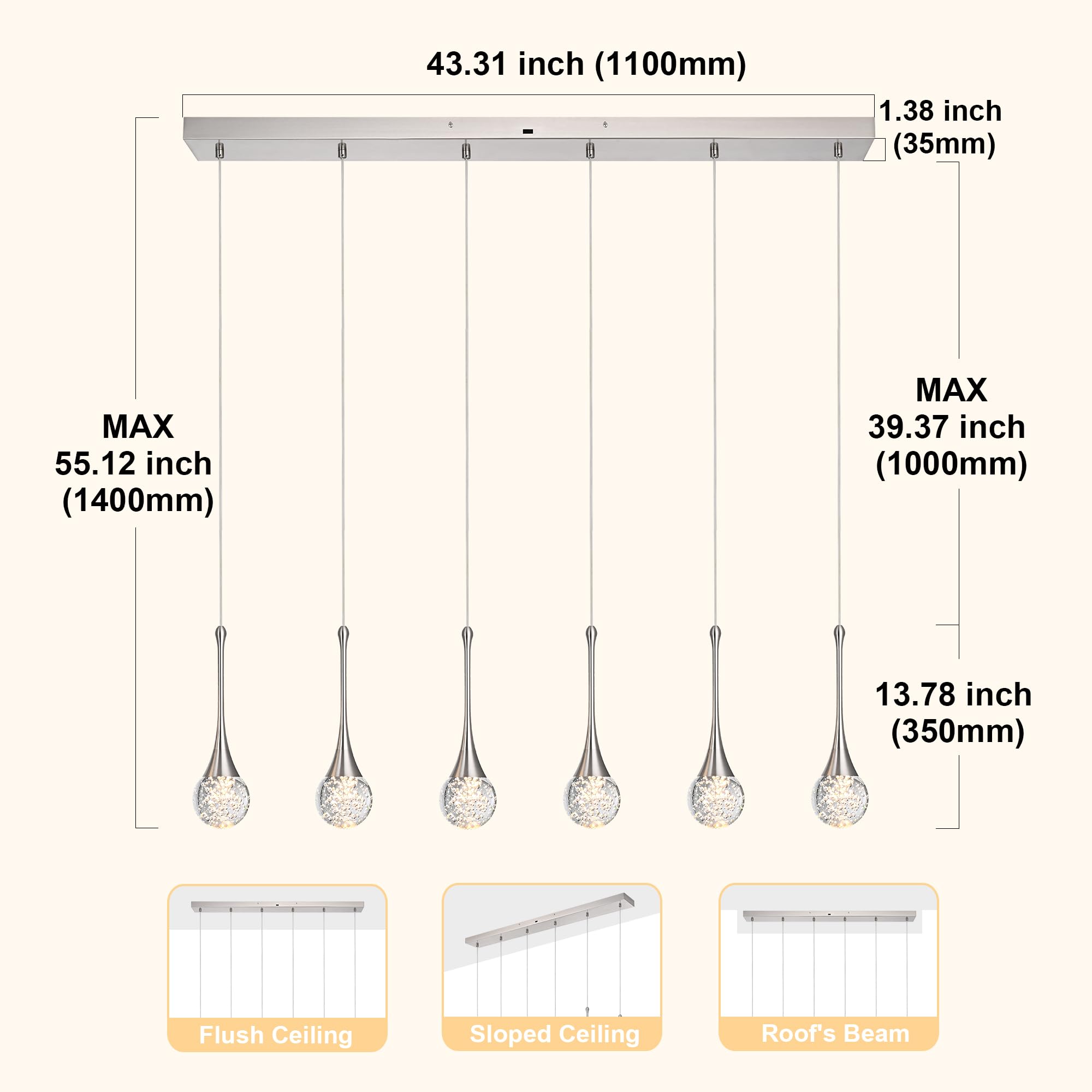 VINLUZ 6-Light Rectangle Brushed Nickel Crystal Chandelier, Dimmable LED Bubble Raindrop Modern Pendant Lighting Fixture, Luxury Elegant Adjustable Spiral Ceiling Light for Entryway Living Room Island