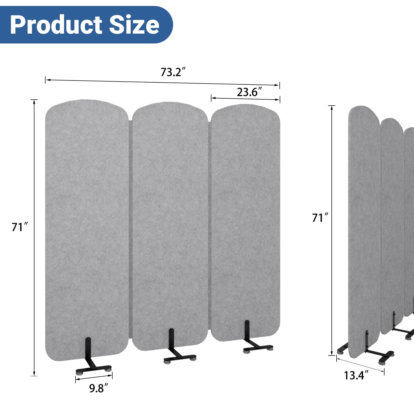 Natwind 3-Panel Office Room Divider, 73.2 x 71 inches Portable Office Partition, Freestanding Folding Privacy Wall for Cubicle & Temporary Indoor Space Separation (Grey)